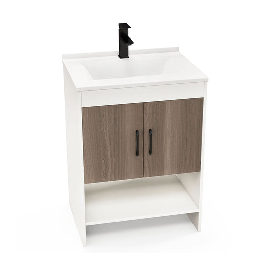 25 Inch Bathroom Vanity Sink Combo Cabinet with Doors and Open Shelf, Gray Floor Cabinets   at Gallery Canada