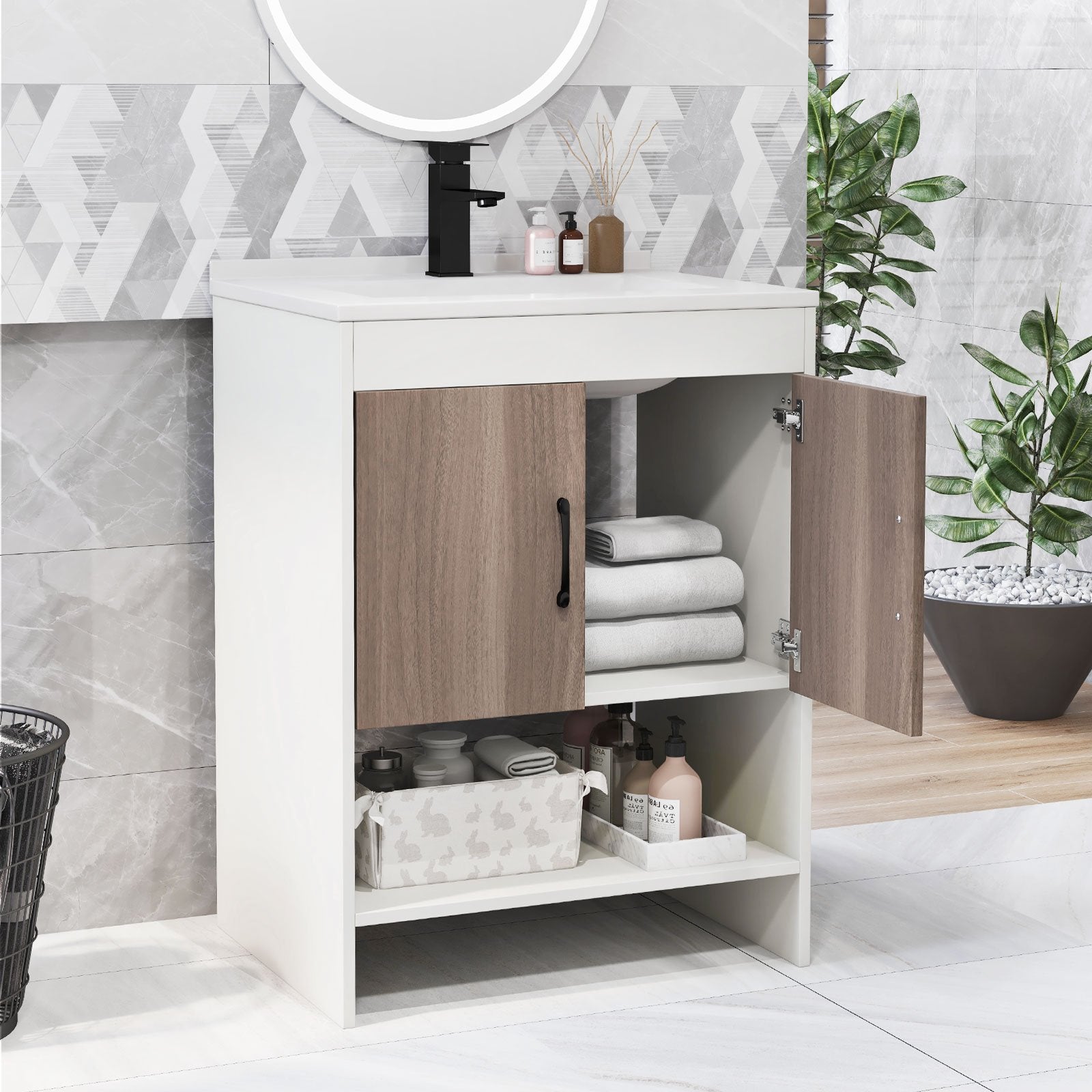 25 Inch Bathroom Vanity Sink Combo Cabinet with Doors and Open Shelf, Gray Floor Cabinets   at Gallery Canada