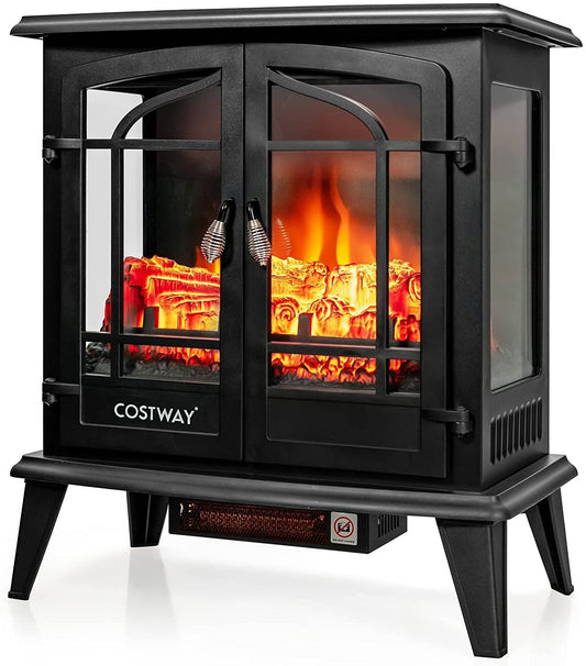 25 Inch Freestanding Electric Fireplace Heater with Realistic Flame effect, Black Fireplaces   at Gallery Canada