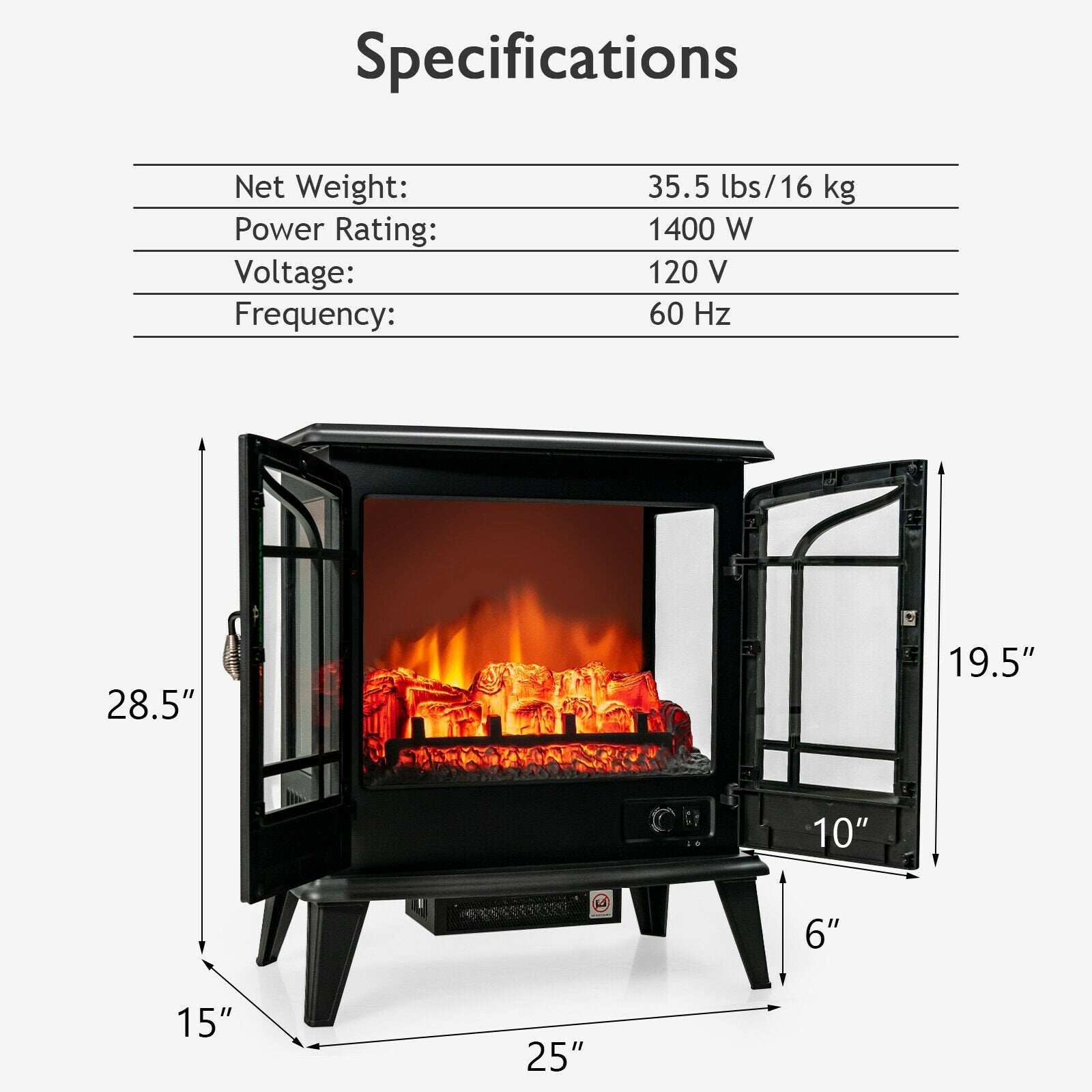 25 Inch Freestanding Electric Fireplace Heater with Realistic Flame effect, Black Fireplaces   at Gallery Canada