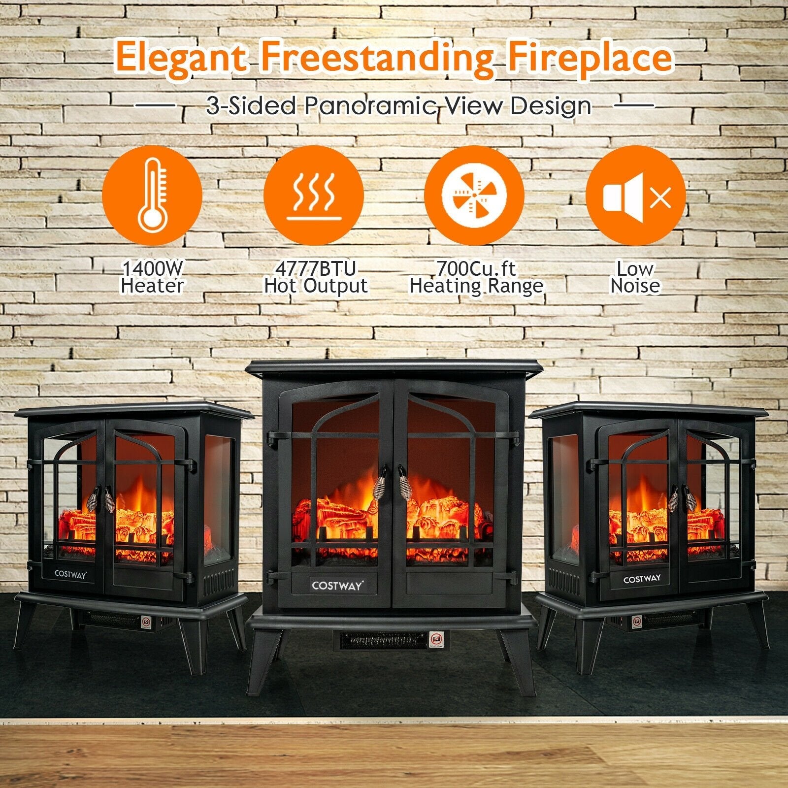 25 Inch Freestanding Electric Fireplace Heater with Realistic Flame effect, Black Fireplaces   at Gallery Canada