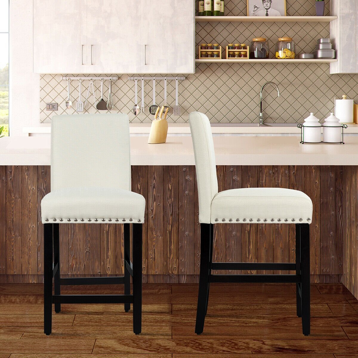 25 Inch Kitchen Chairs w/ Rubber Wood Legs, Beige Bar Stools   at Gallery Canada