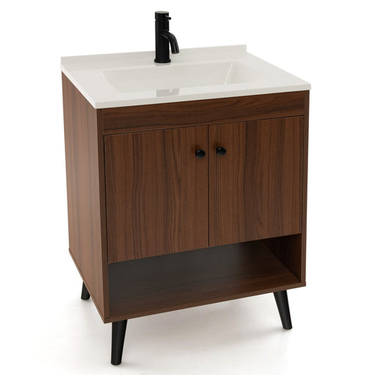 25 Inch Wooden Bathroom Storage Cabinet with Sink, Walnut Floor Cabinets   at Gallery Canada