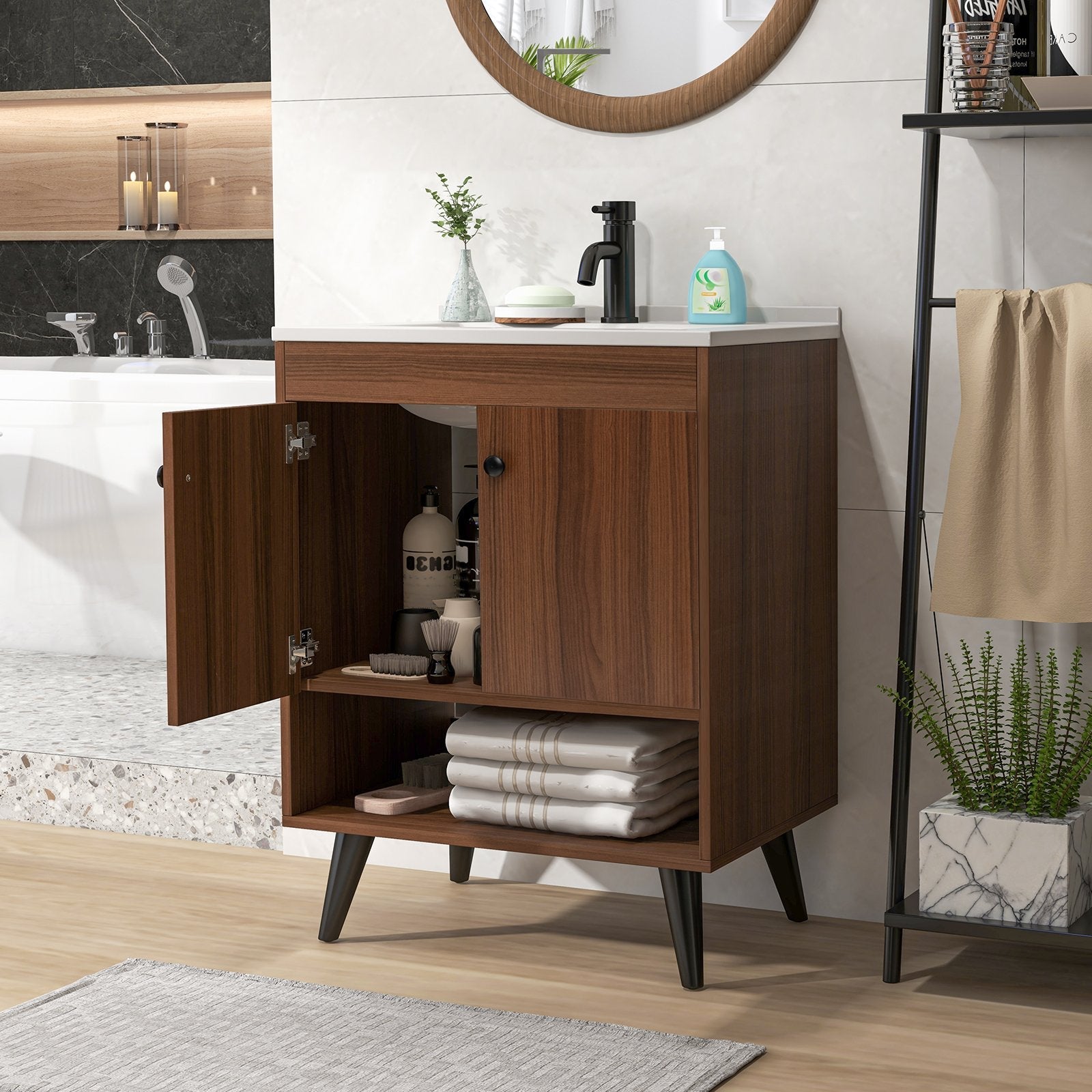 25 Inch Wooden Bathroom Storage Cabinet with Sink, Walnut Floor Cabinets   at Gallery Canada