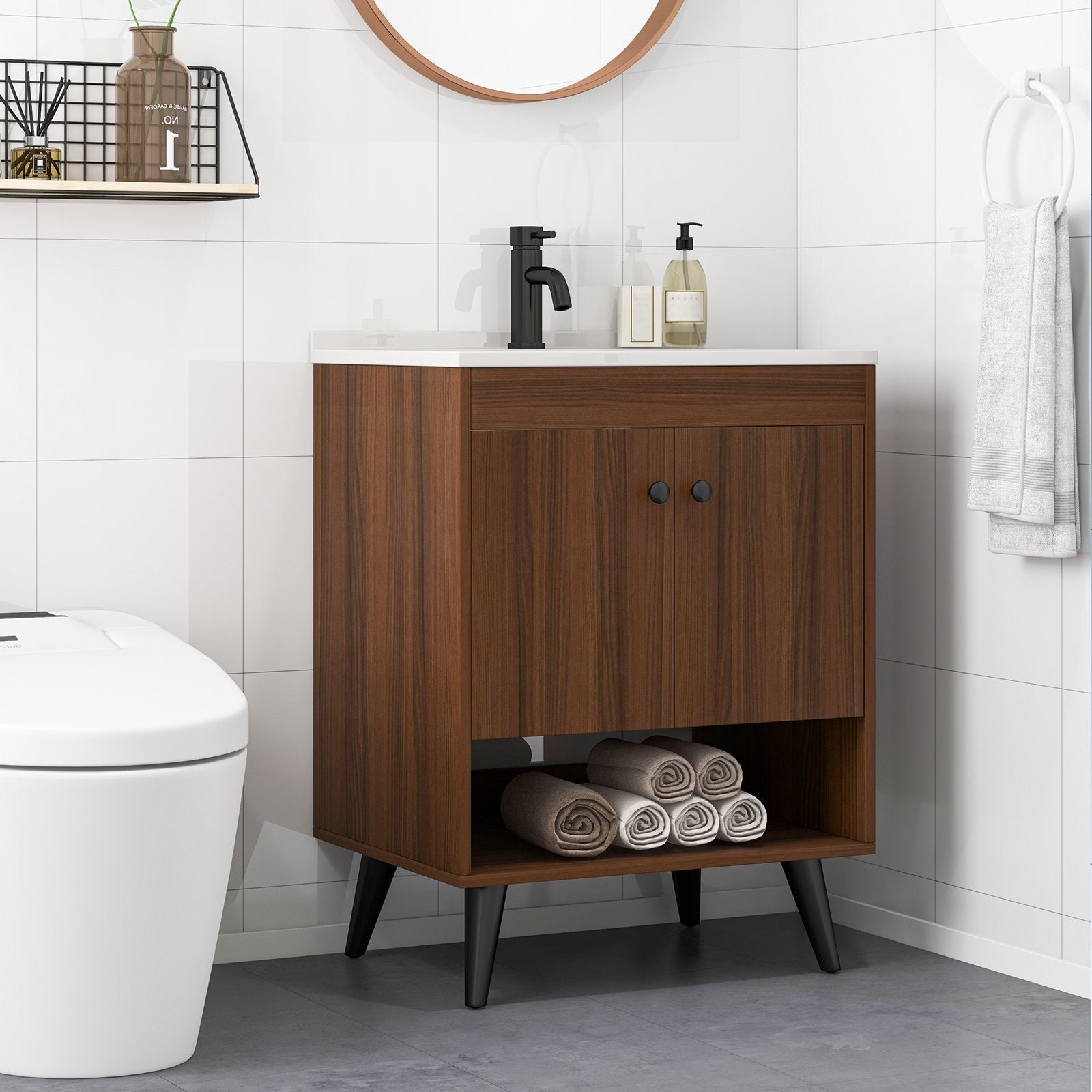 25 Inch Wooden Bathroom Storage Cabinet with Sink, Walnut Floor Cabinets   at Gallery Canada