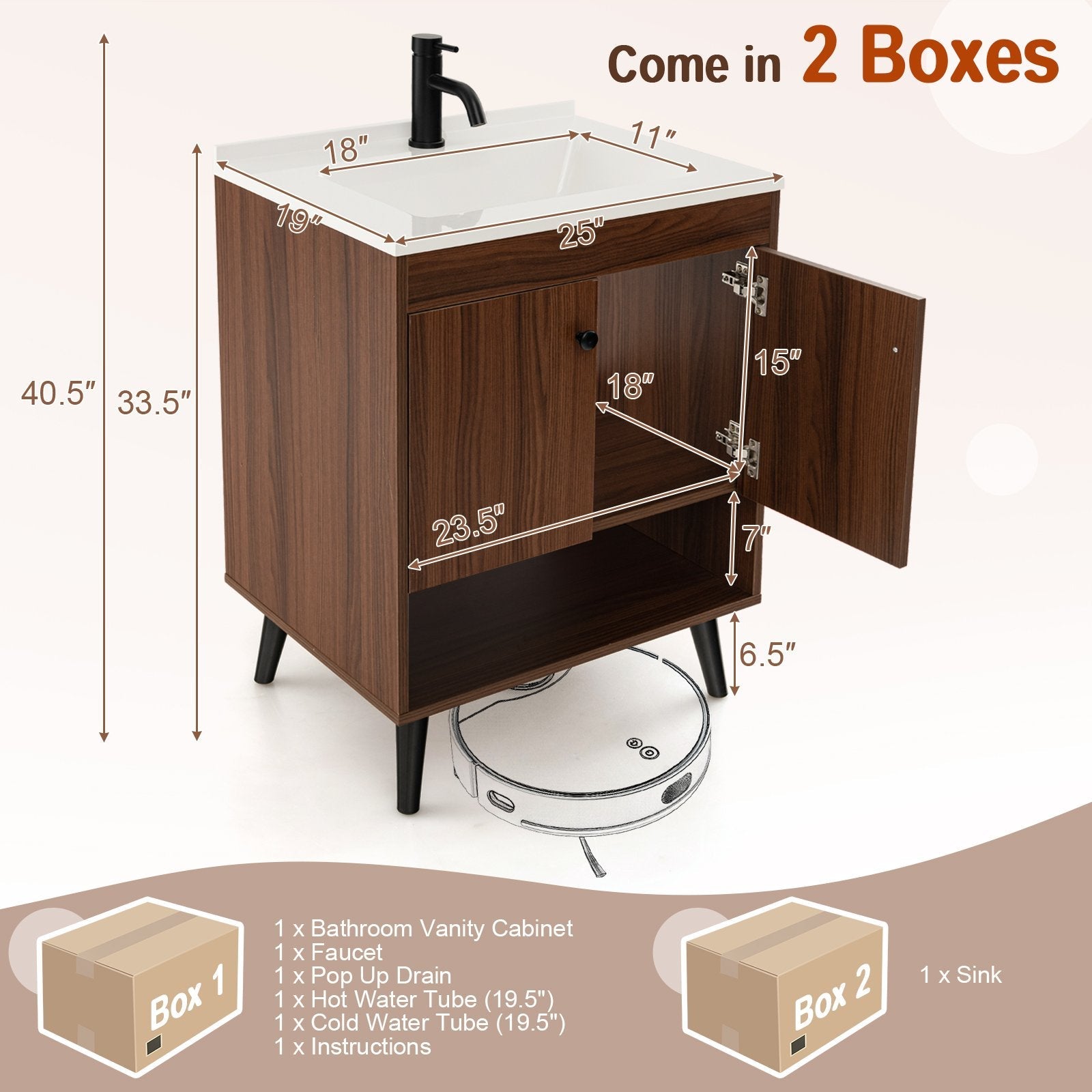 25 Inch Wooden Bathroom Storage Cabinet with Sink, Walnut Floor Cabinets   at Gallery Canada