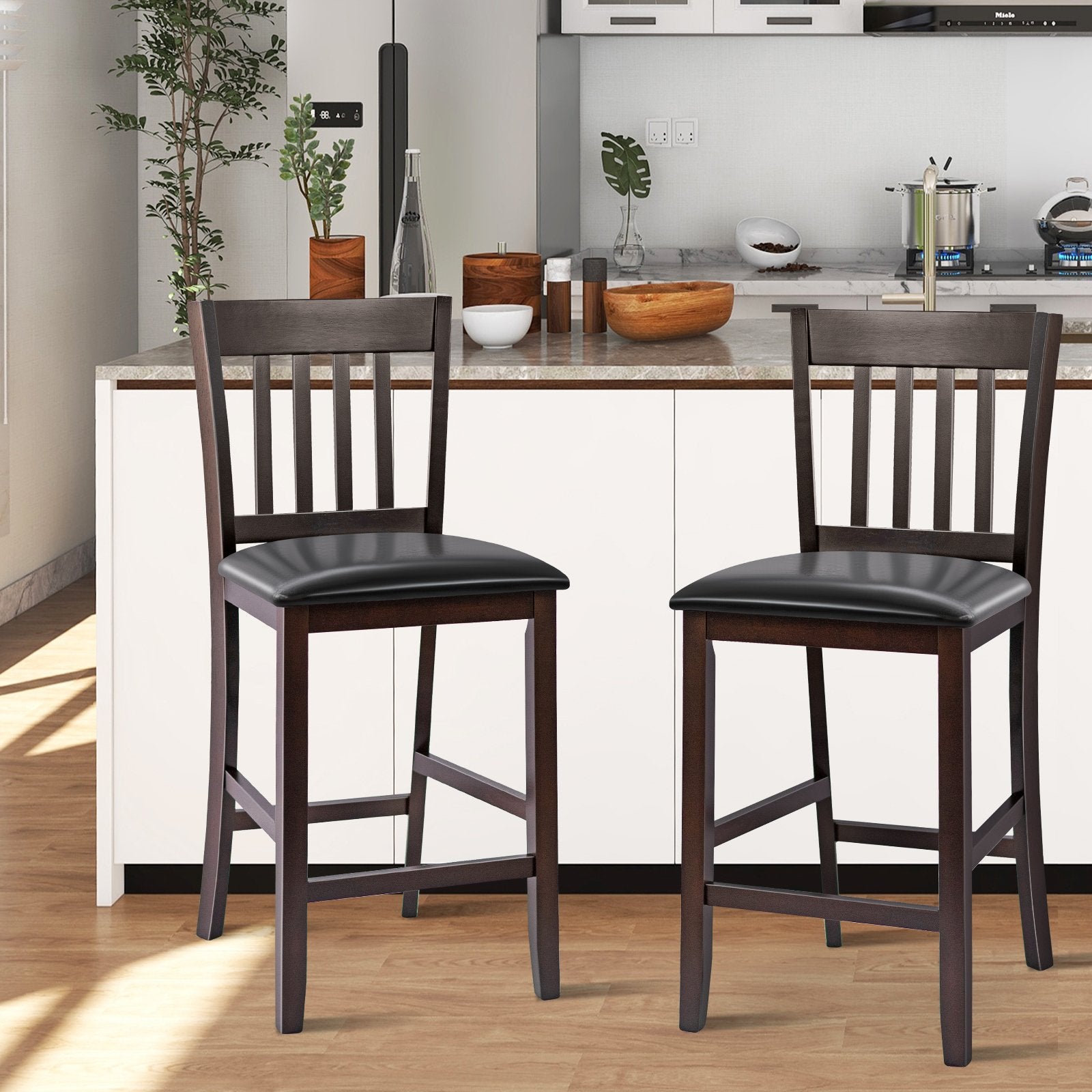 25 Inches Set of 2 Bar Stools with Rubber Wood Legs, Espresso Bar Stools   at Gallery Canada