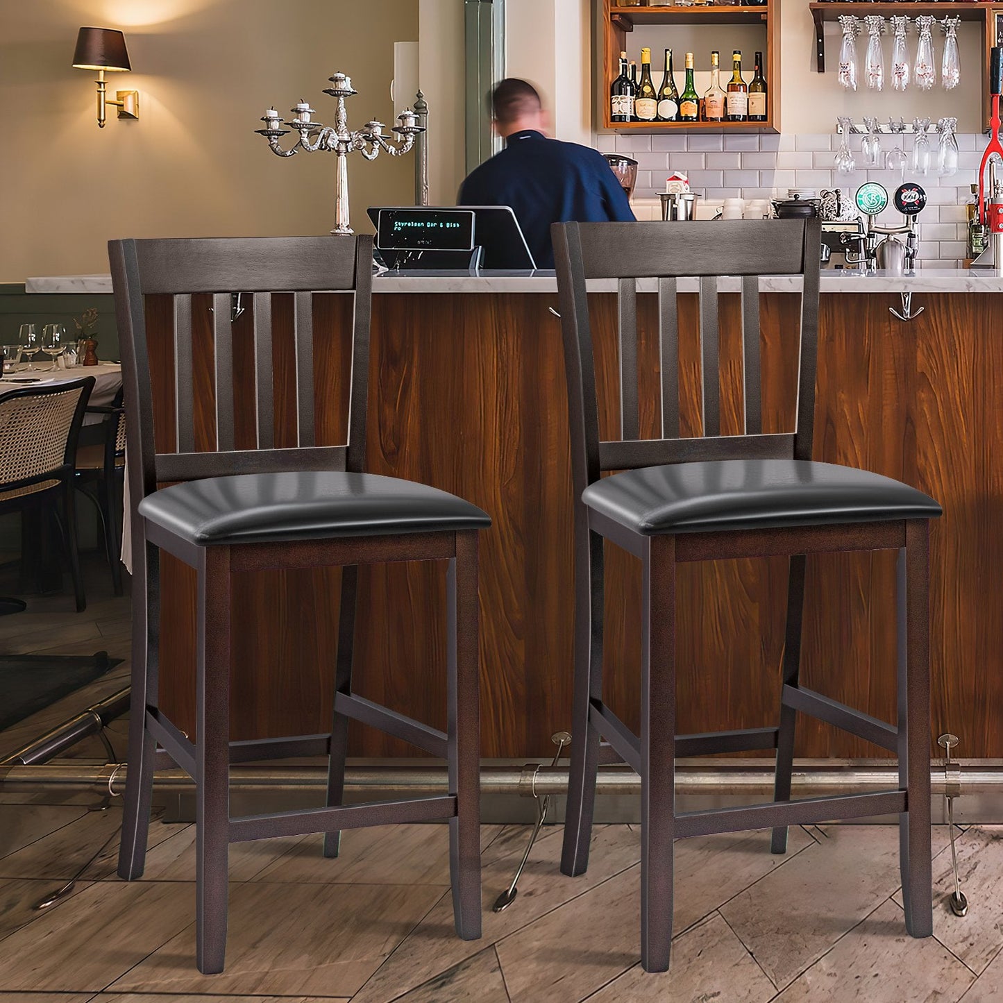 25 Inches Set of 2 Bar Stools with Rubber Wood Legs, Espresso Bar Stools   at Gallery Canada