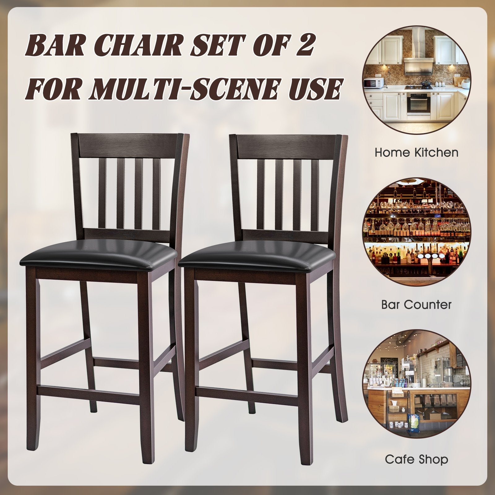 25 Inches Set of 2 Bar Stools with Rubber Wood Legs, Espresso Bar Stools   at Gallery Canada