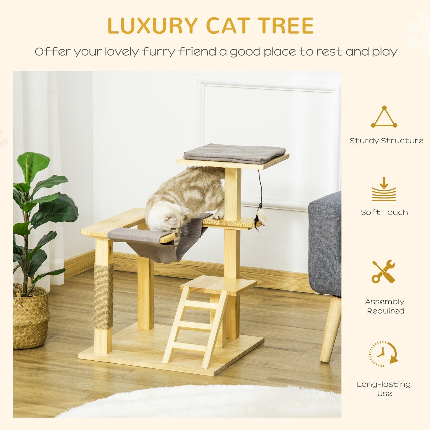 Pinewood Cat Tree Activity Center with Jute Scratching Post and Bed, Multi-Color Cat Posts   at Gallery Canada