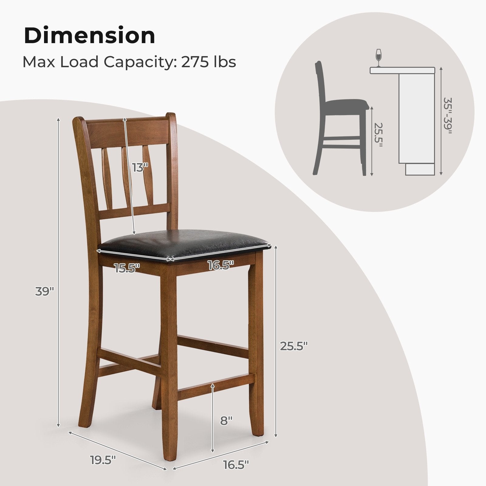 25.5 Inch Counter Height Bar Chair Set of 2 with Backrest Padded Seat, Walnut Dining Chairs   at Gallery Canada