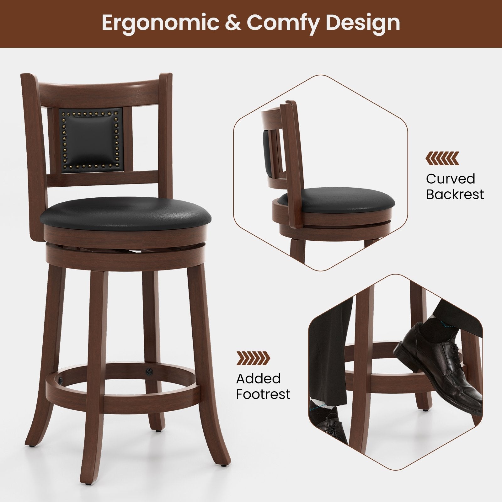 25.5 Inch/30.5 Inch Upholstered Bar Stools Set of 2 with Curved Backrest and Footrest-25.5 inches, Rustic Brown Bar Stools   at Gallery Canada