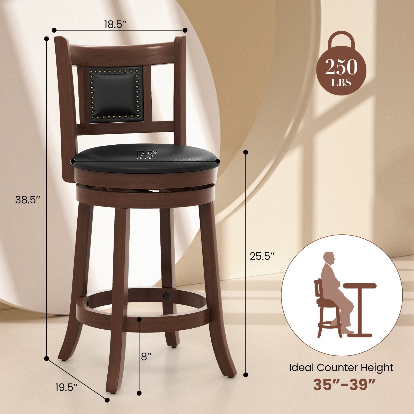 25.5 Inch/30.5 Inch Upholstered Bar Stools Set of 2 with Curved Backrest and Footrest-25.5 inches, Rustic Brown Bar Stools   at Gallery Canada