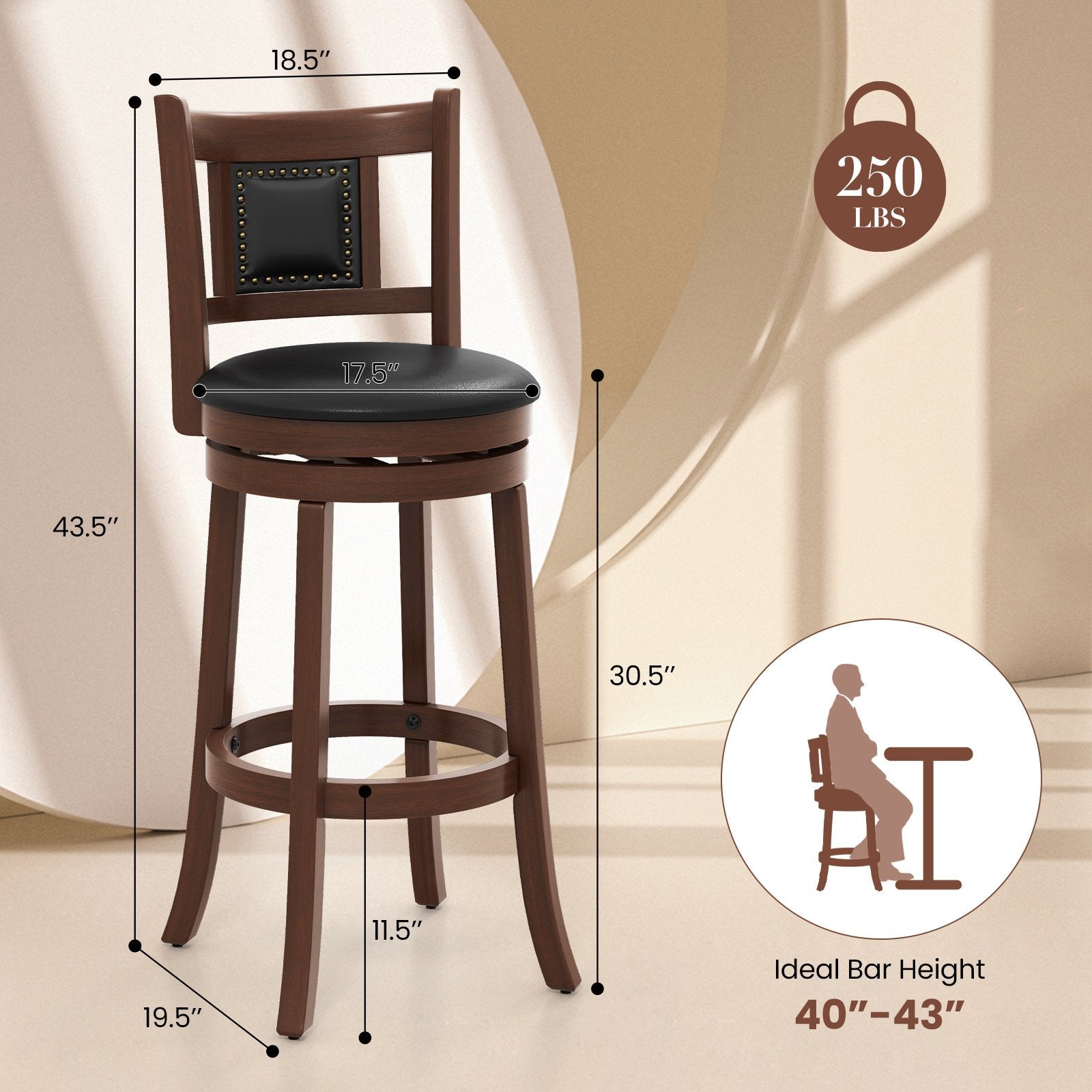 25.5 Inch/30.5 Inch Upholstered Bar Stools Set of 2 with Curved Backrest and Footrest-30.5 Inches, Rustic Brown Bar Stools   at Gallery Canada