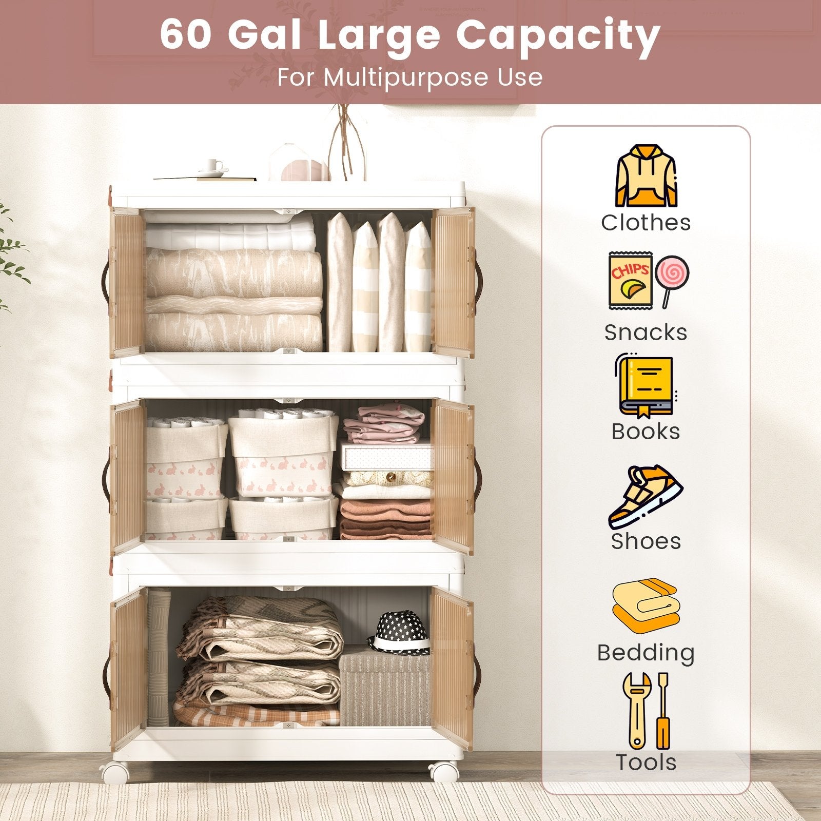 25.5/60 Gal 3-Tier Stackable Storage Boxes Bins with Magnetic Doors and Lockable Casters-M Cabinets & Chests   at Gallery Canada