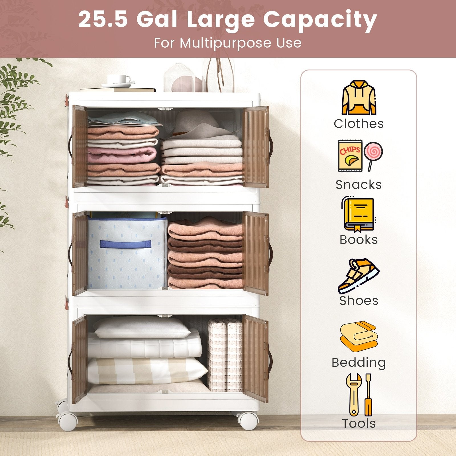 25.5/60 Gal 3-Tier Stackable Storage Boxes Bins with Magnetic Doors and Lockable Casters-S Cabinets & Chests   at Gallery Canada