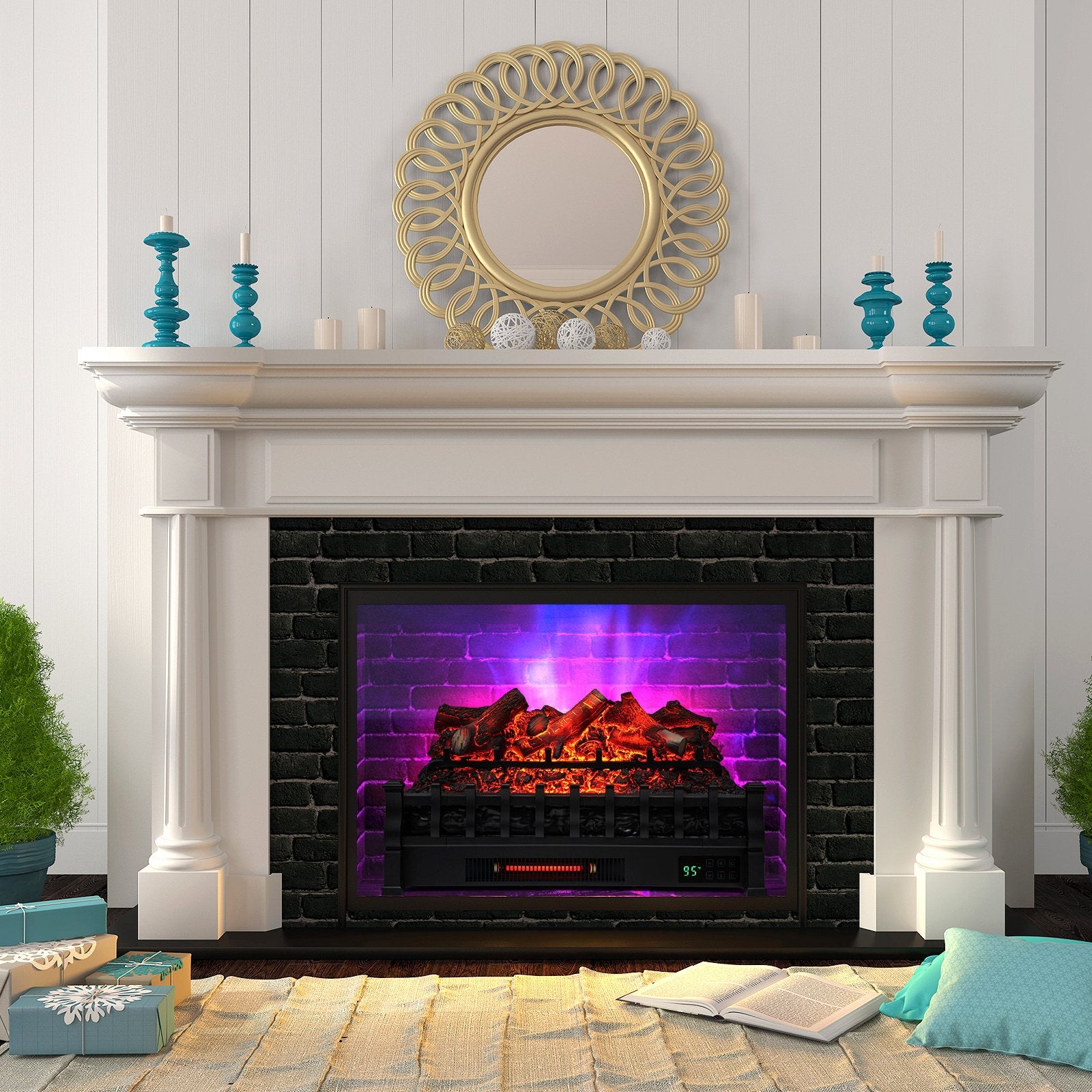 26 Inch Electric Fireplace Heater with Remote Control and Realistic Lemonwood Ember Bed, Black Fireplaces   at Gallery Canada