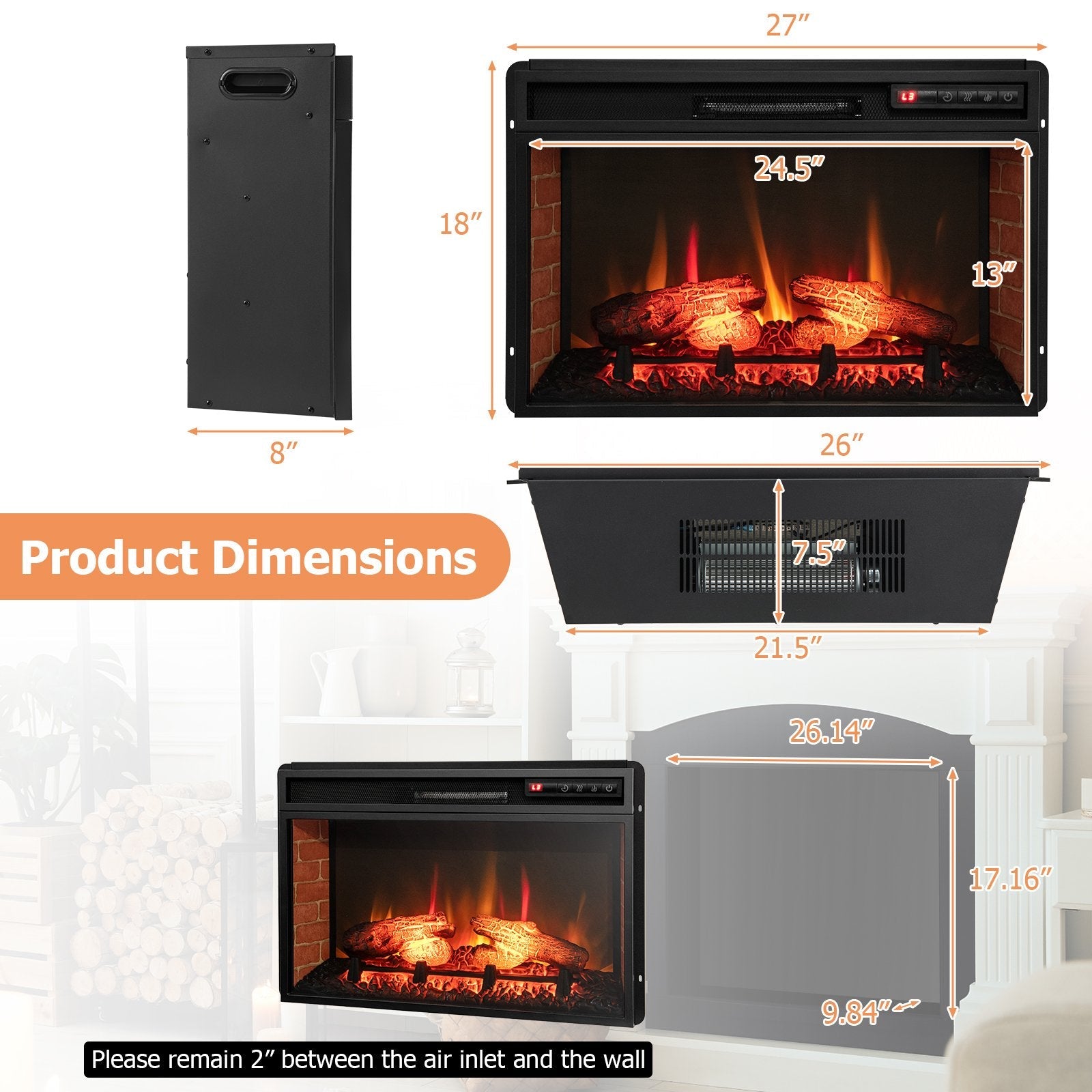 26 Inch Infrared Electric Fireplace Insert with Remote Control, Black Fireplaces   at Gallery Canada