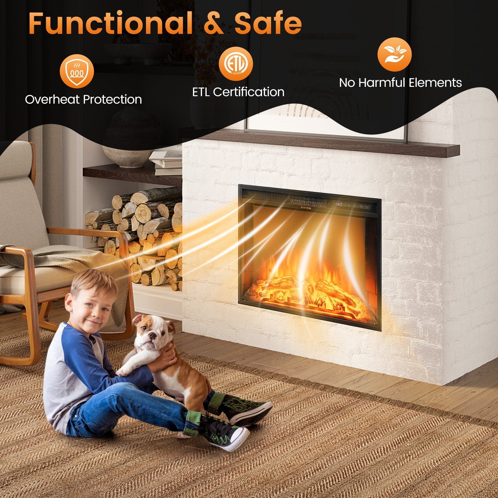 26 Inch Recessed Electric Fireplace with Adjustable Flame Brightness, Black Fireplaces   at Gallery Canada