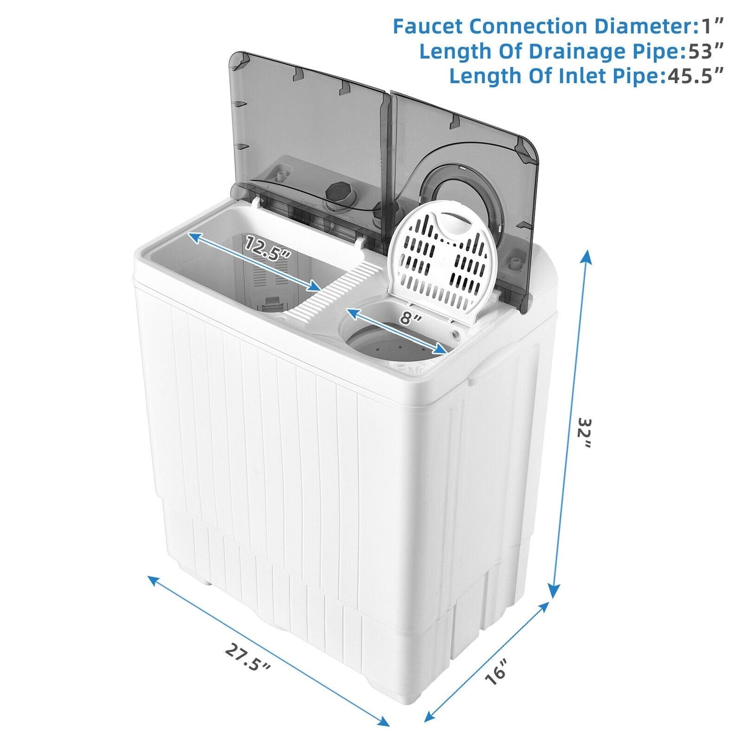 26 LBS Twin Tub Portable Washing Machine with Built-In Drain Pump, Gray Washing Machines   at Gallery Canada