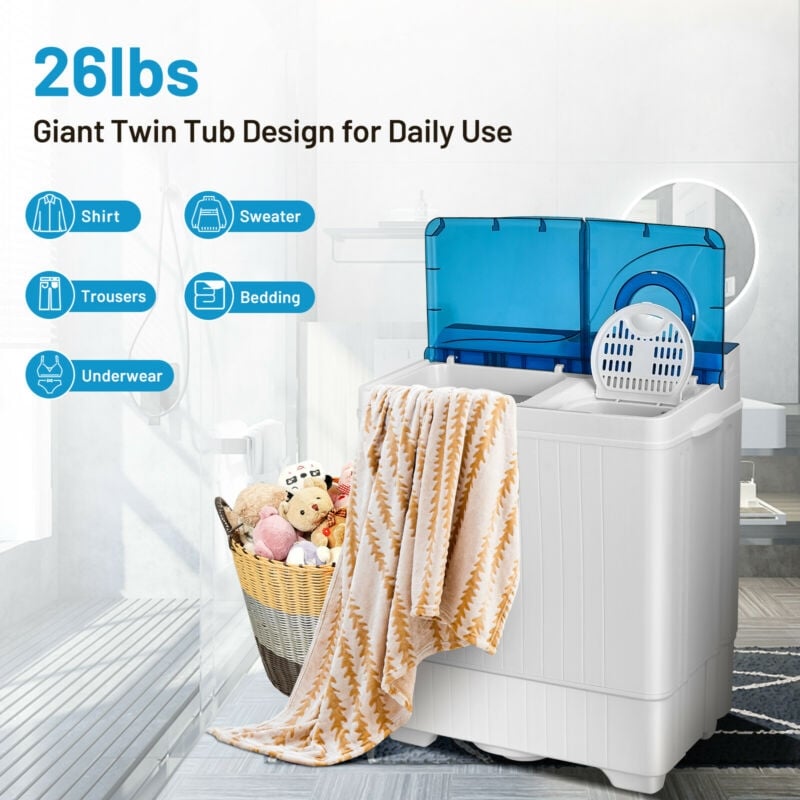 26 Pound Portable Semi-automatic Washing Machine with Built-in Drain Pump, Blue Washing Machines   at Gallery Canada