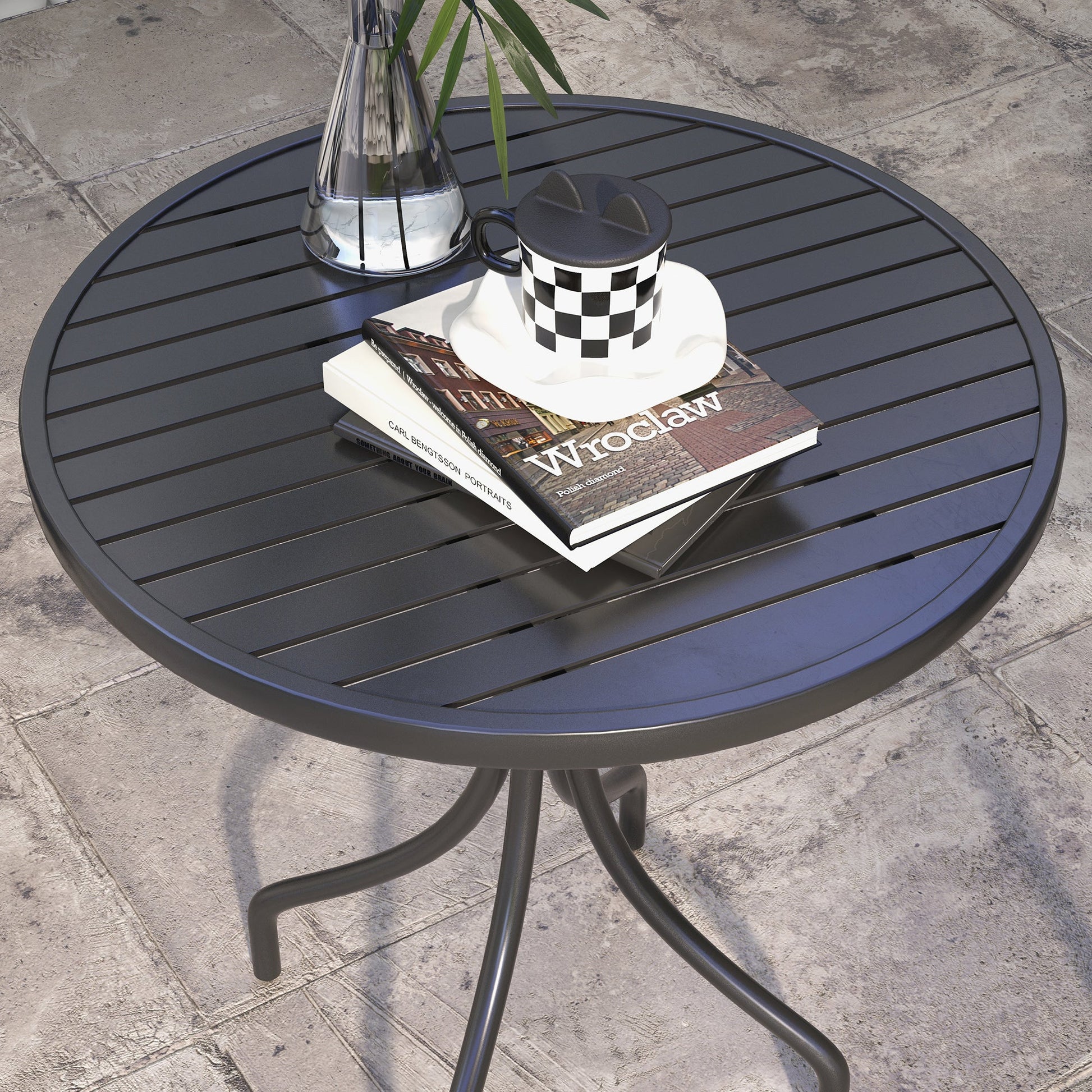 26" Round Patio Table, Outdoor Side Table with Steel Frame and Slat Tabletop for Garden, Balcony, Black Patio Side Tables   at Gallery Canada