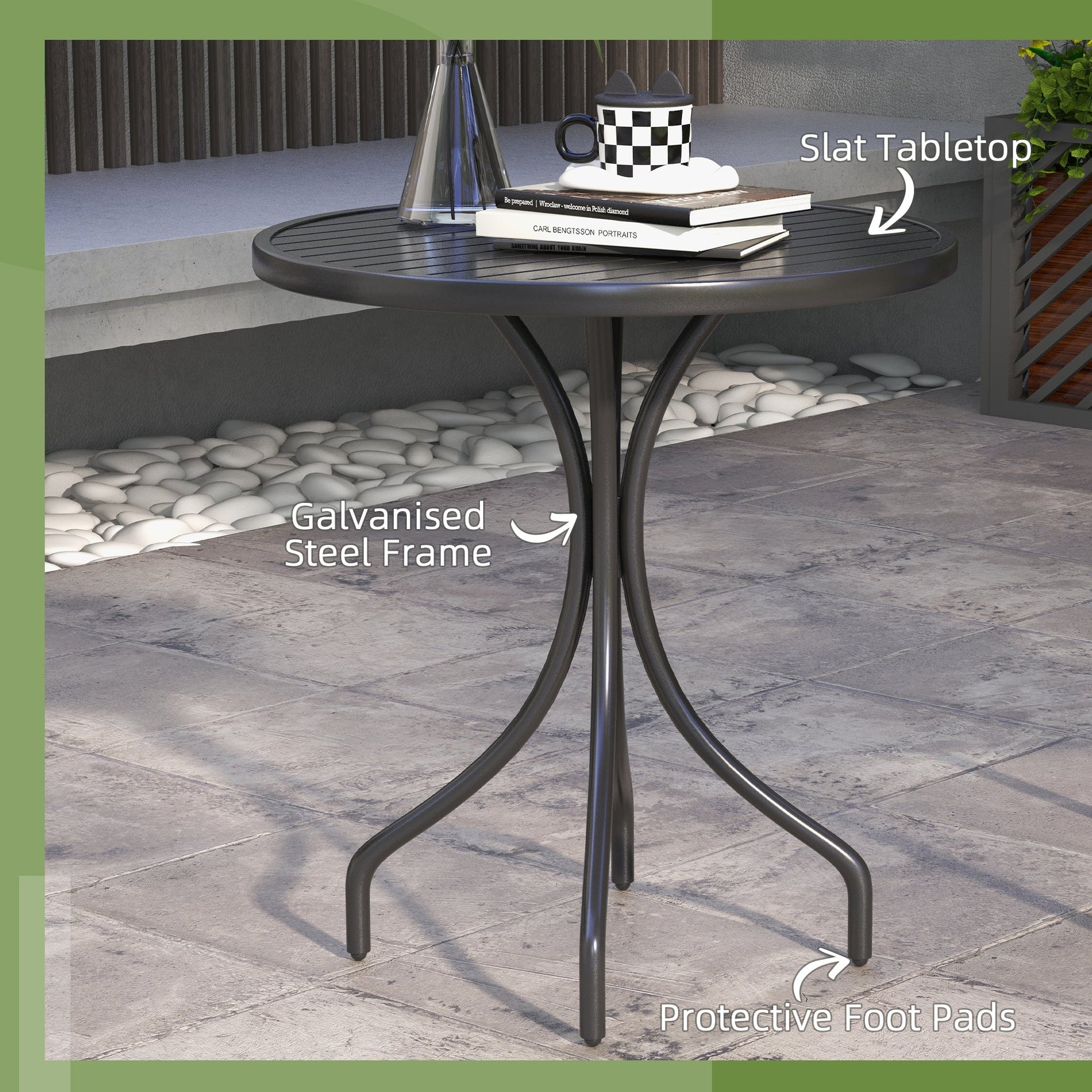 26" Round Patio Table, Outdoor Side Table with Steel Frame and Slat Tabletop for Garden, Balcony, Black Patio Side Tables   at Gallery Canada