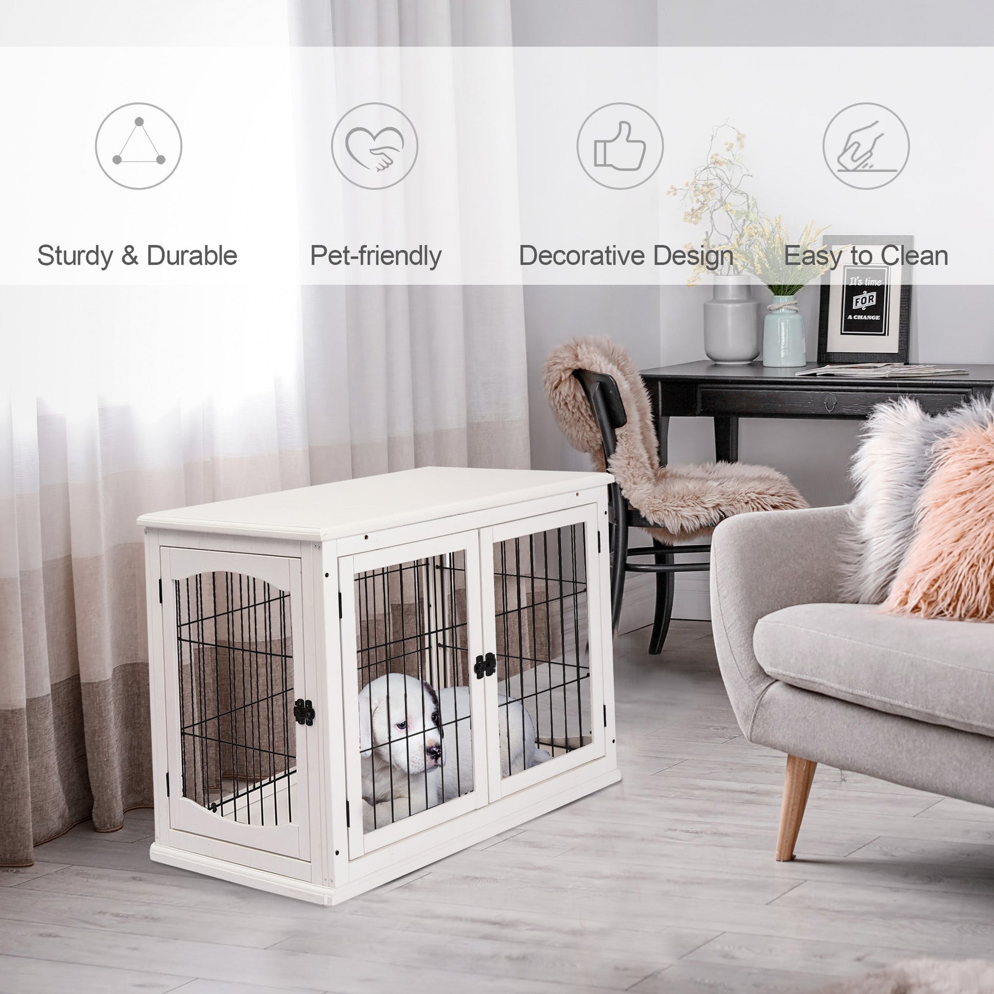 26'' Wooden Decorative Dog Cage Pet Crate Kennel with Double Door Entrance &; a Simple Modern Design, White Houses, Kennels & Pens   at Gallery Canada