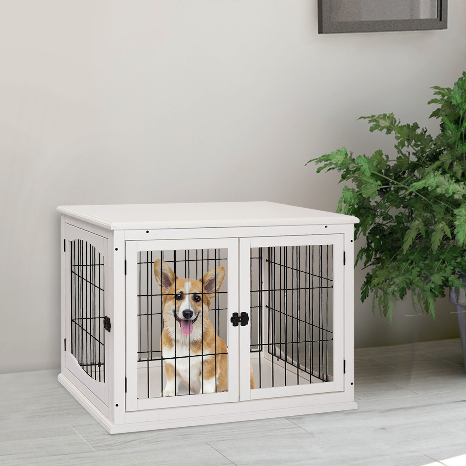 26'' Wooden Decorative Dog Cage Pet Crate Kennel with Double Door Entrance &; a Simple Modern Design, White Houses, Kennels & Pens   at Gallery Canada