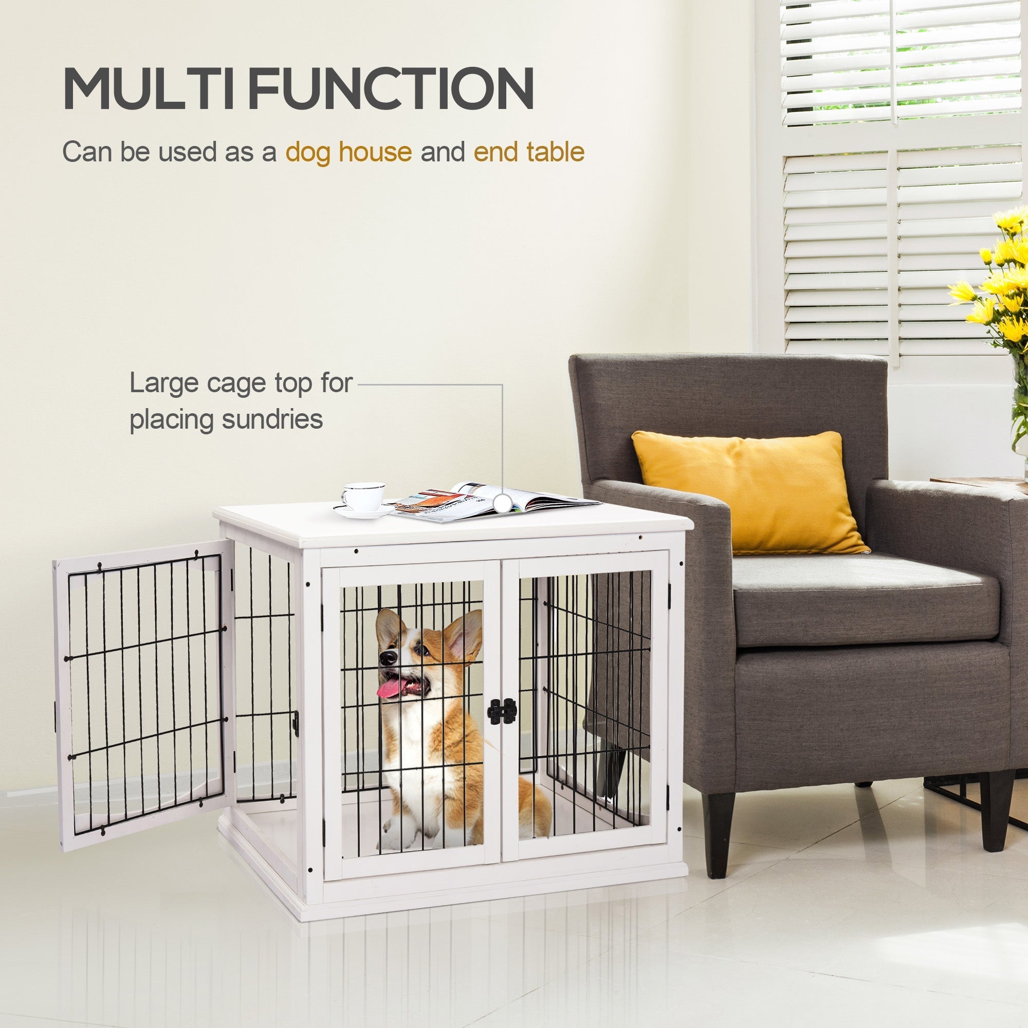 26'' Wooden Decorative Dog Cage Pet Crate Kennel with Double Door Entrance &; a Simple Modern Design, White Houses, Kennels & Pens   at Gallery Canada