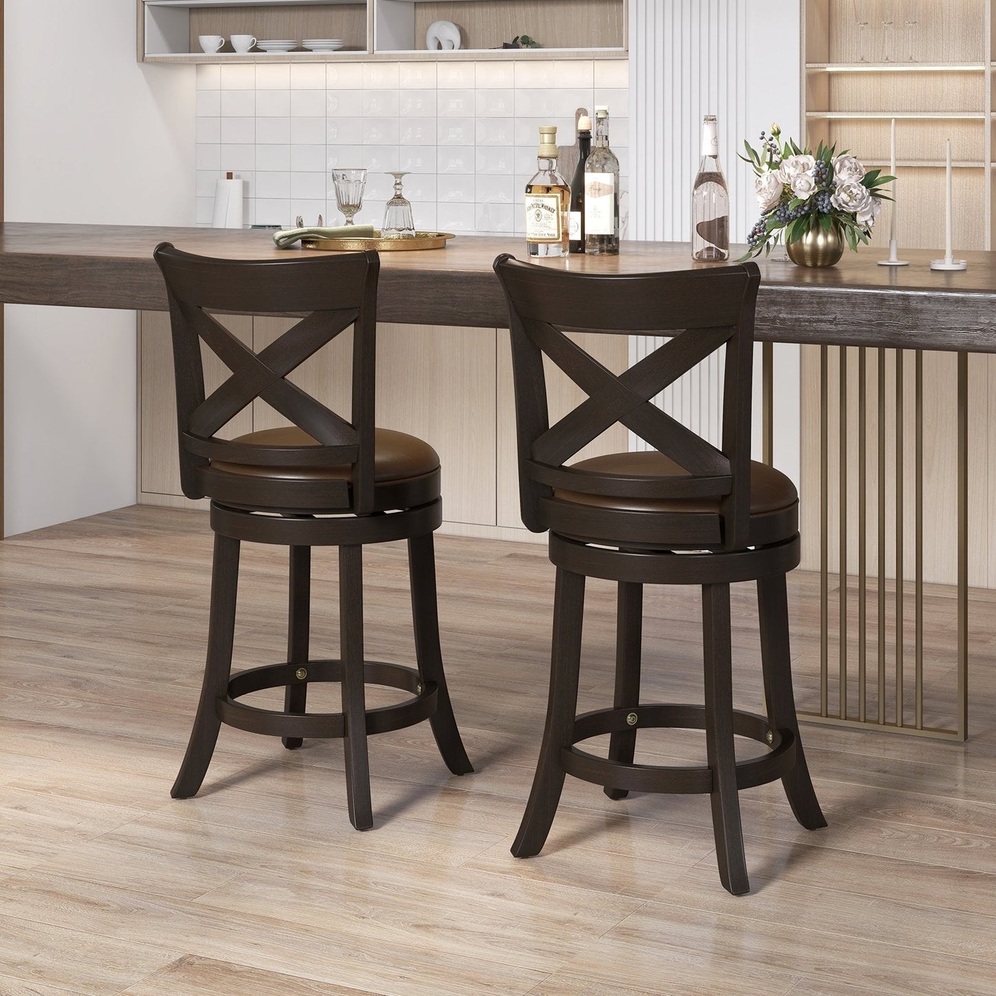 26"/31" Swivel Bar Stool with Curved Backrest PU Leather Seat and Footrest-26 inches, Brown Bar Stools   at Gallery Canada