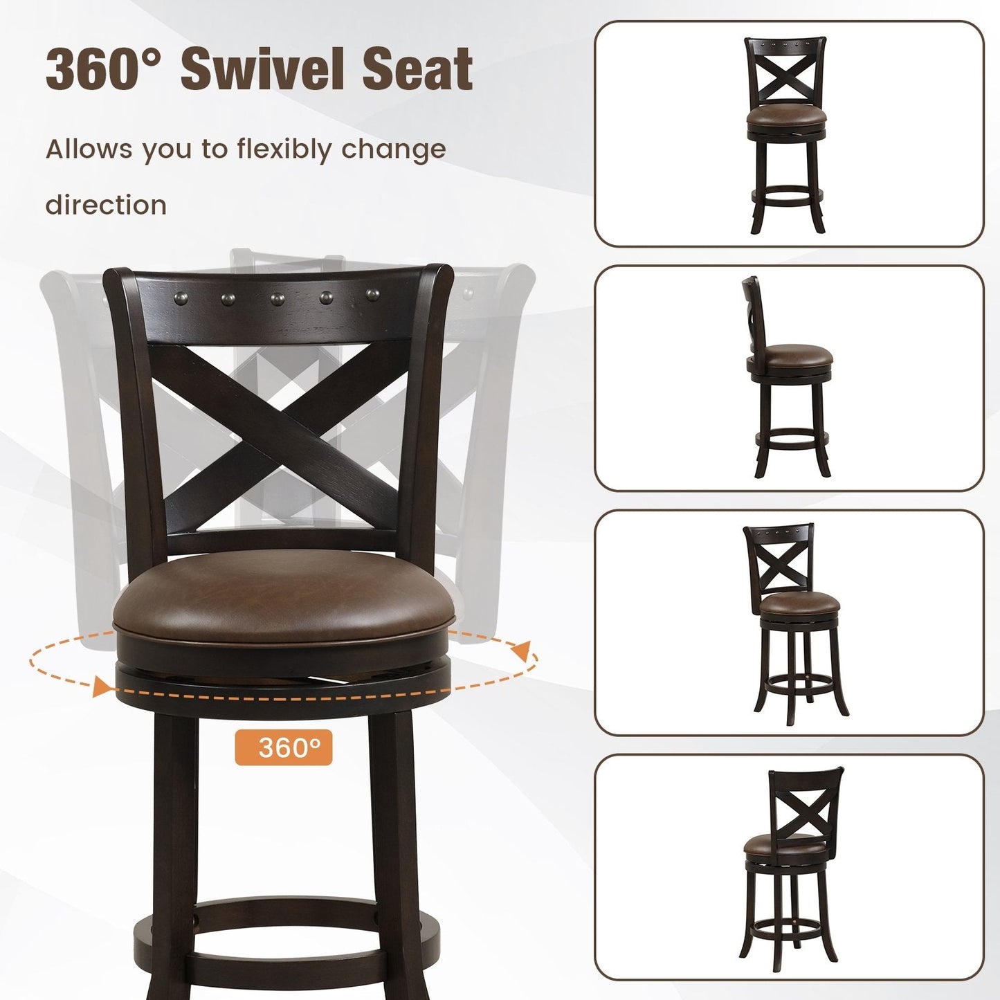 26"/31" Swivel Bar Stool with Curved Backrest PU Leather Seat and Footrest-26 inches, Brown Bar Stools   at Gallery Canada