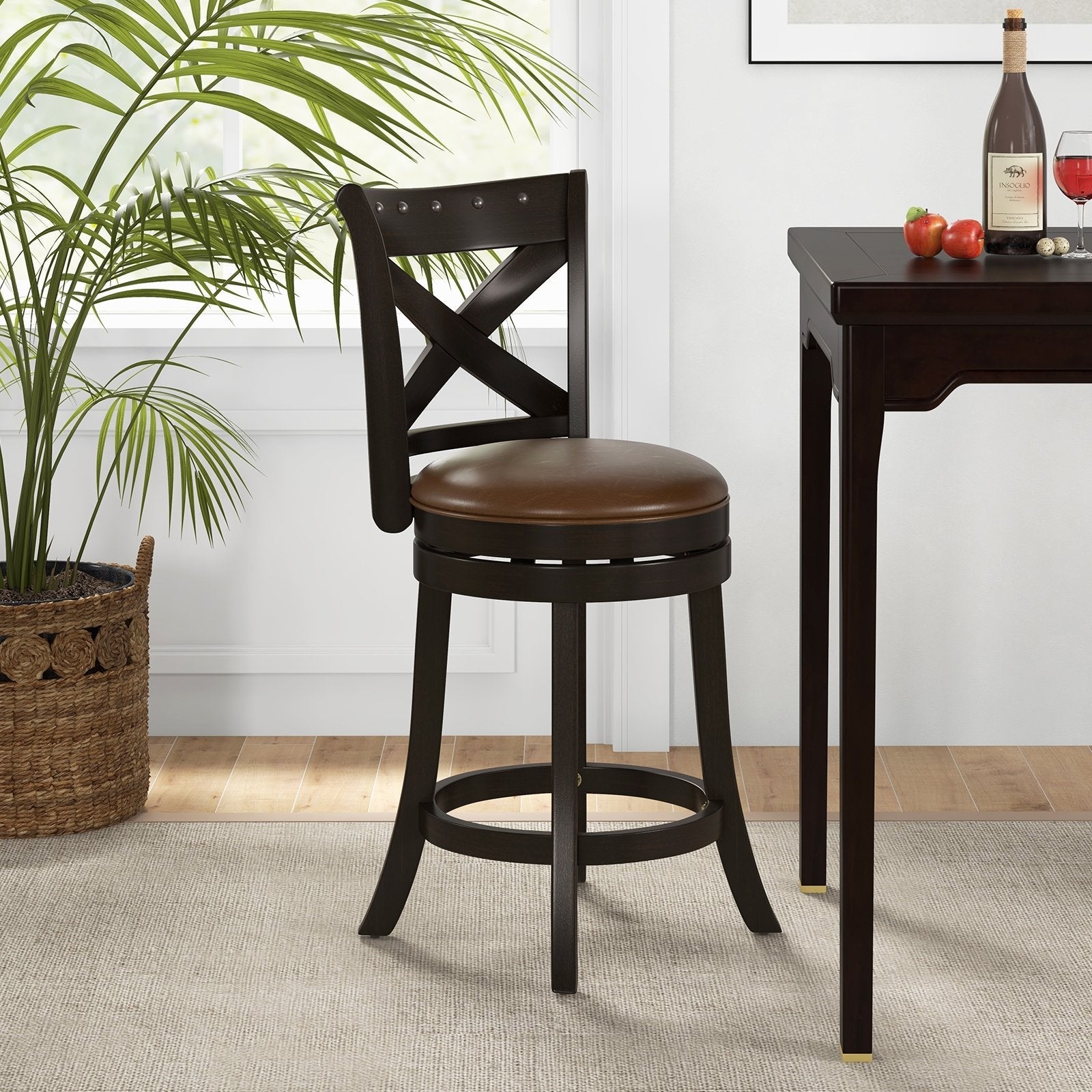 26"/31" Swivel Bar Stool with Curved Backrest PU Leather Seat and Footrest-26 inches, Brown Bar Stools   at Gallery Canada