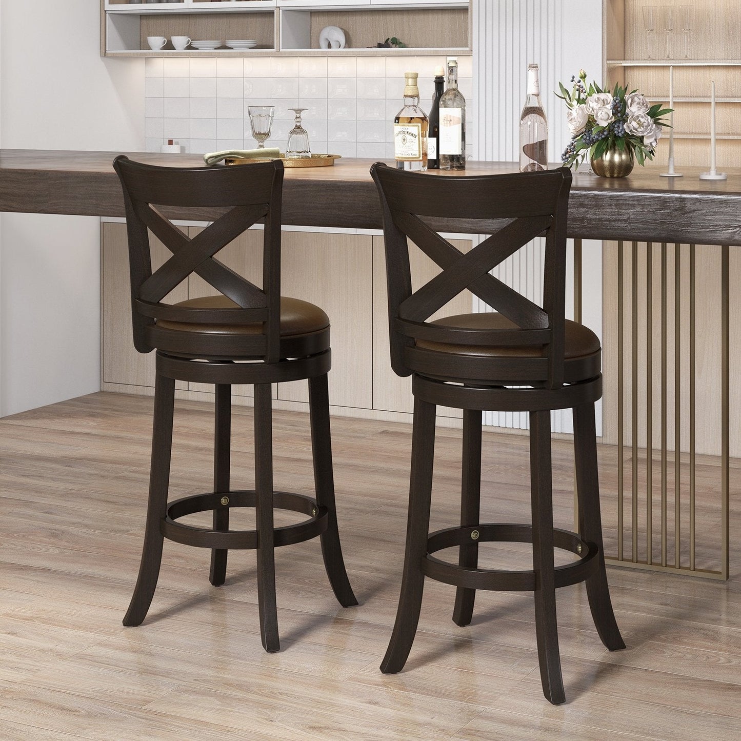 26"/31" Swivel Bar Stool with Curved Backrest PU Leather Seat and Footrest-31 inches, Brown Bar Stools   at Gallery Canada