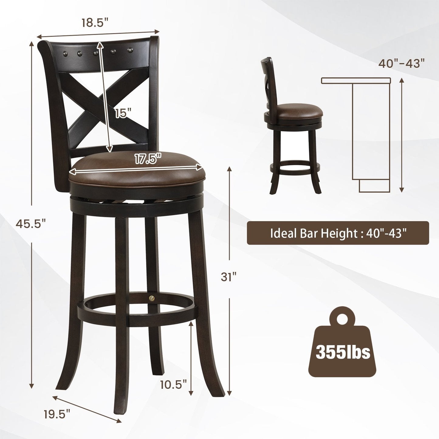 26"/31" Swivel Bar Stool with Curved Backrest PU Leather Seat and Footrest-31 inches, Brown Bar Stools   at Gallery Canada