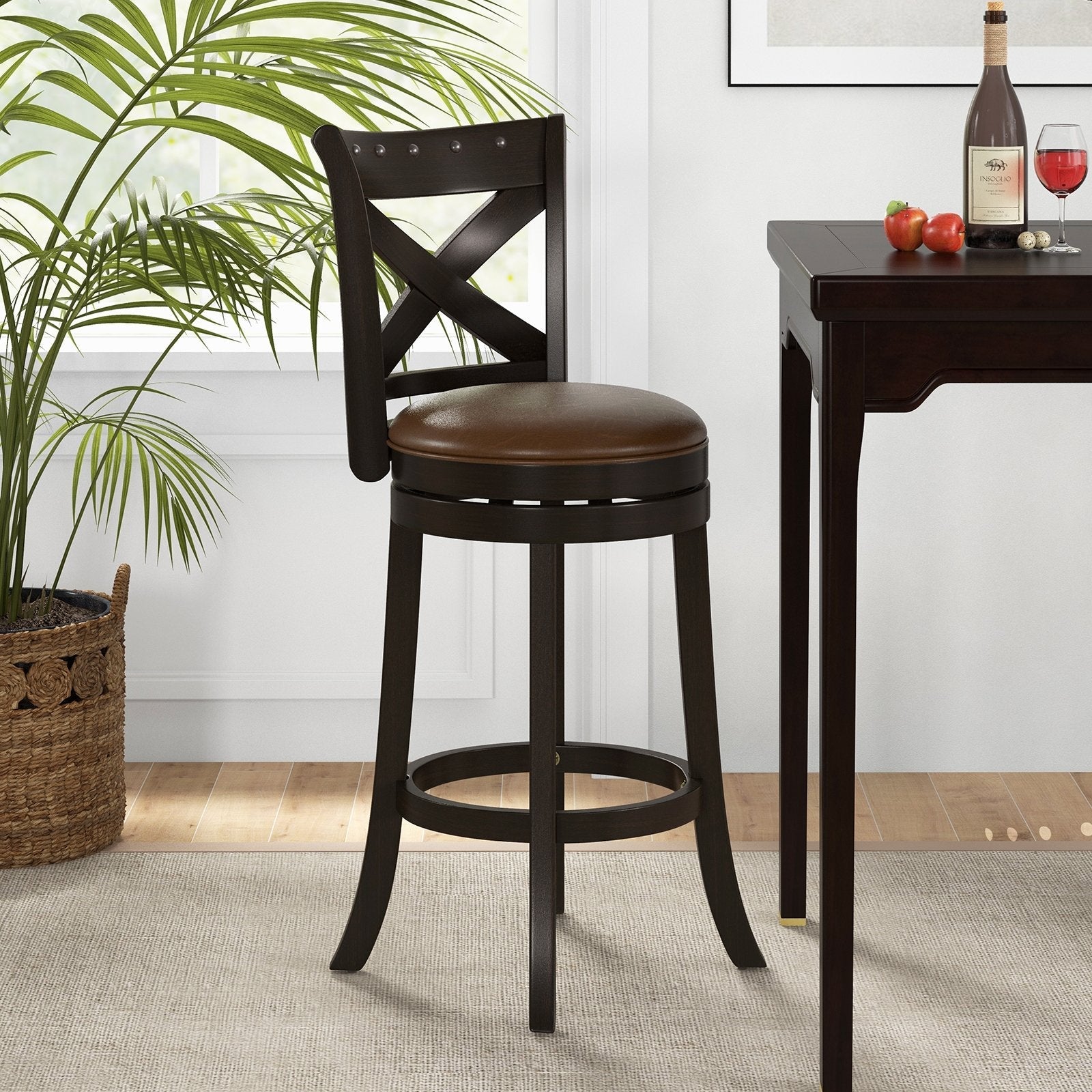 26"/31" Swivel Bar Stool with Curved Backrest PU Leather Seat and Footrest-31 inches, Brown Bar Stools   at Gallery Canada