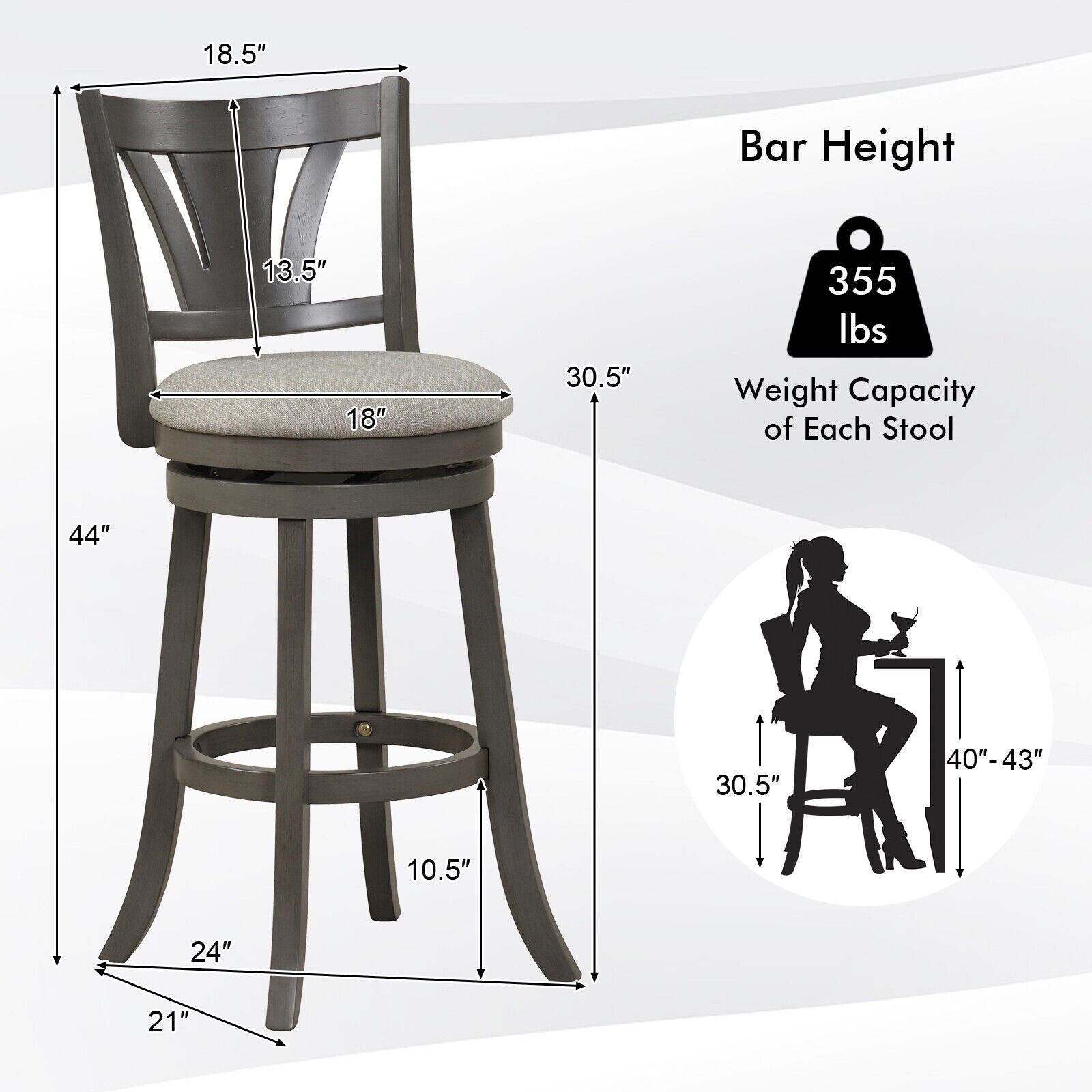 26.5"/30.5" Swivel Bar Stool with Backrest Soft Cushioned Seat and Footrest Gray-30.5 inches, Gray Bar Stools   at Gallery Canada