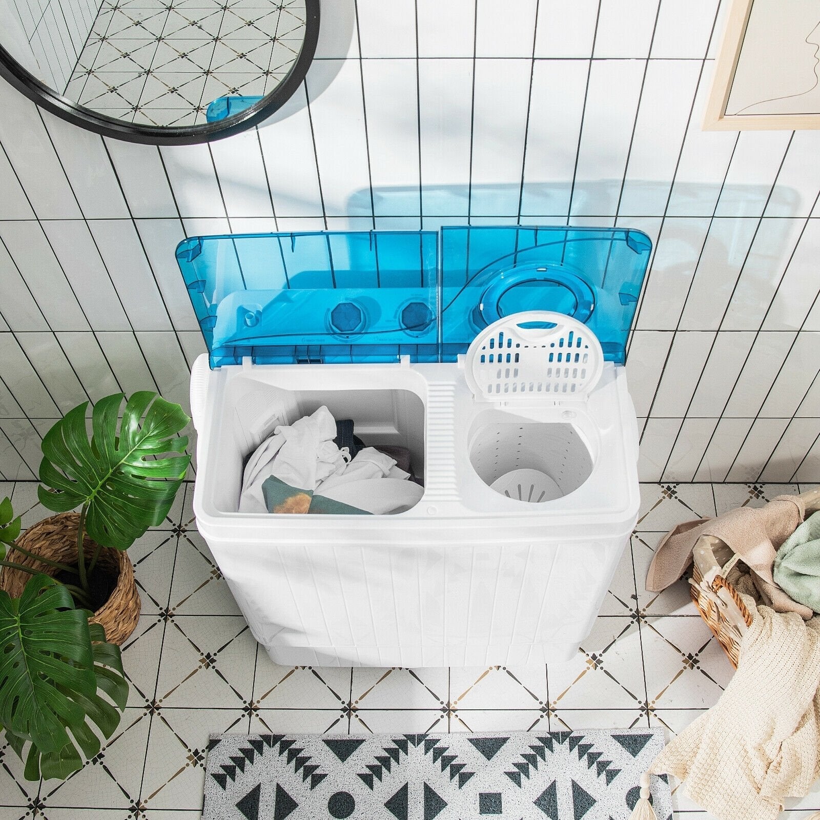 26lbs Portable Semi-Automatic Twin Tub Washing Machine with Drain Pump, Blue Washing Machines   at Gallery Canada