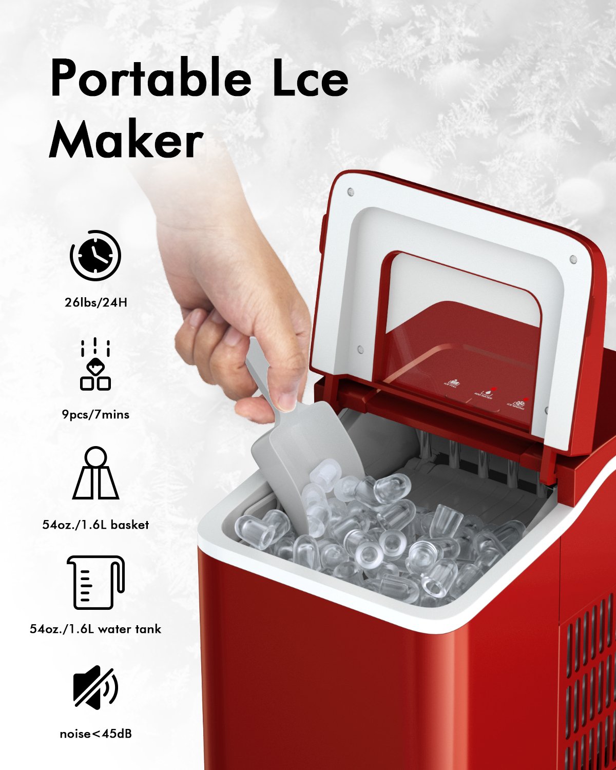 26lbs/24h Portable Countertop Ice Maker Machine with Scoop 9 Ice Cubes Ready in 8 minutes, Red Ice Makers   at Gallery Canada