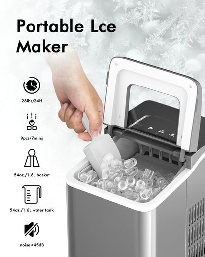 26lbs/24h Portable Countertop Ice Maker Machine with Scoop 9 Ice Cubes Ready in 8 minutes, Silver Ice Makers   at Gallery Canada