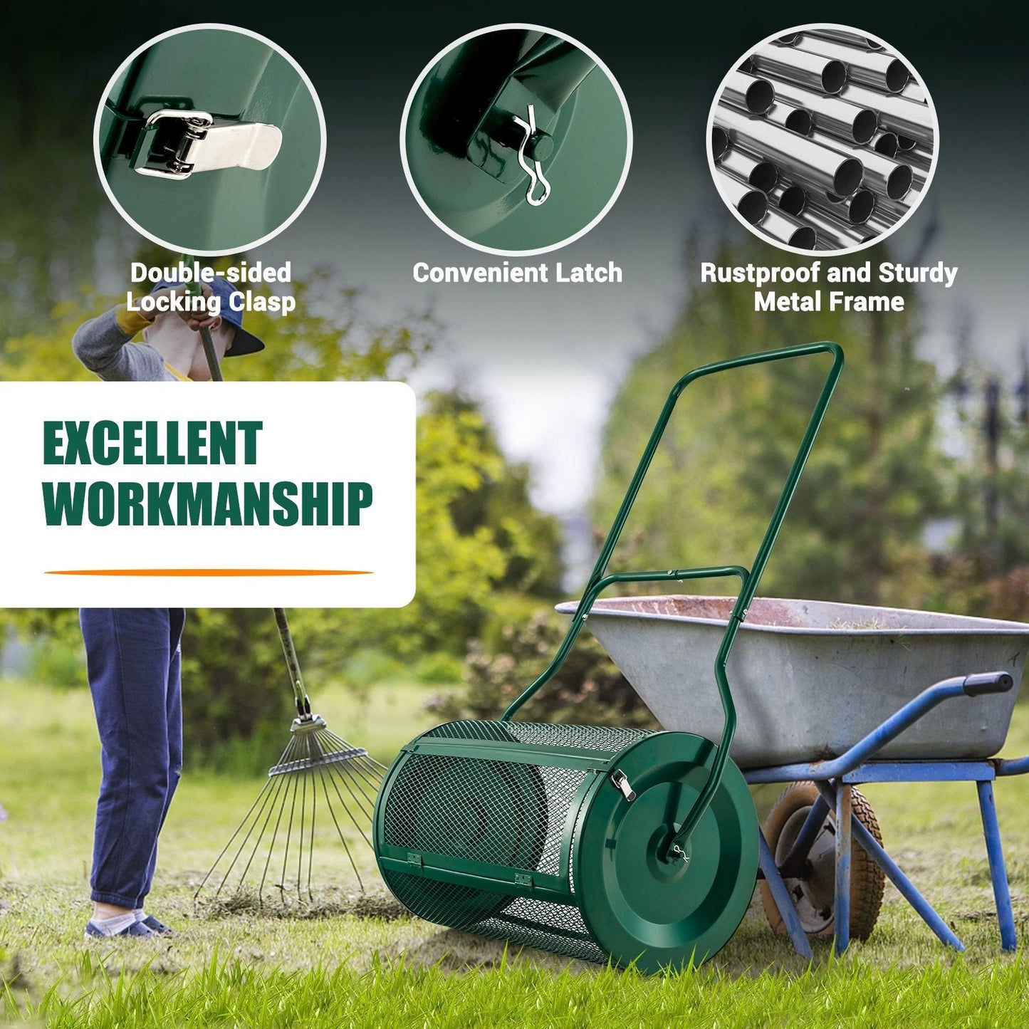 27 Inch Compost Spreader with Upgrade U-shaped Handle, Green Garden Tools   at Gallery Canada