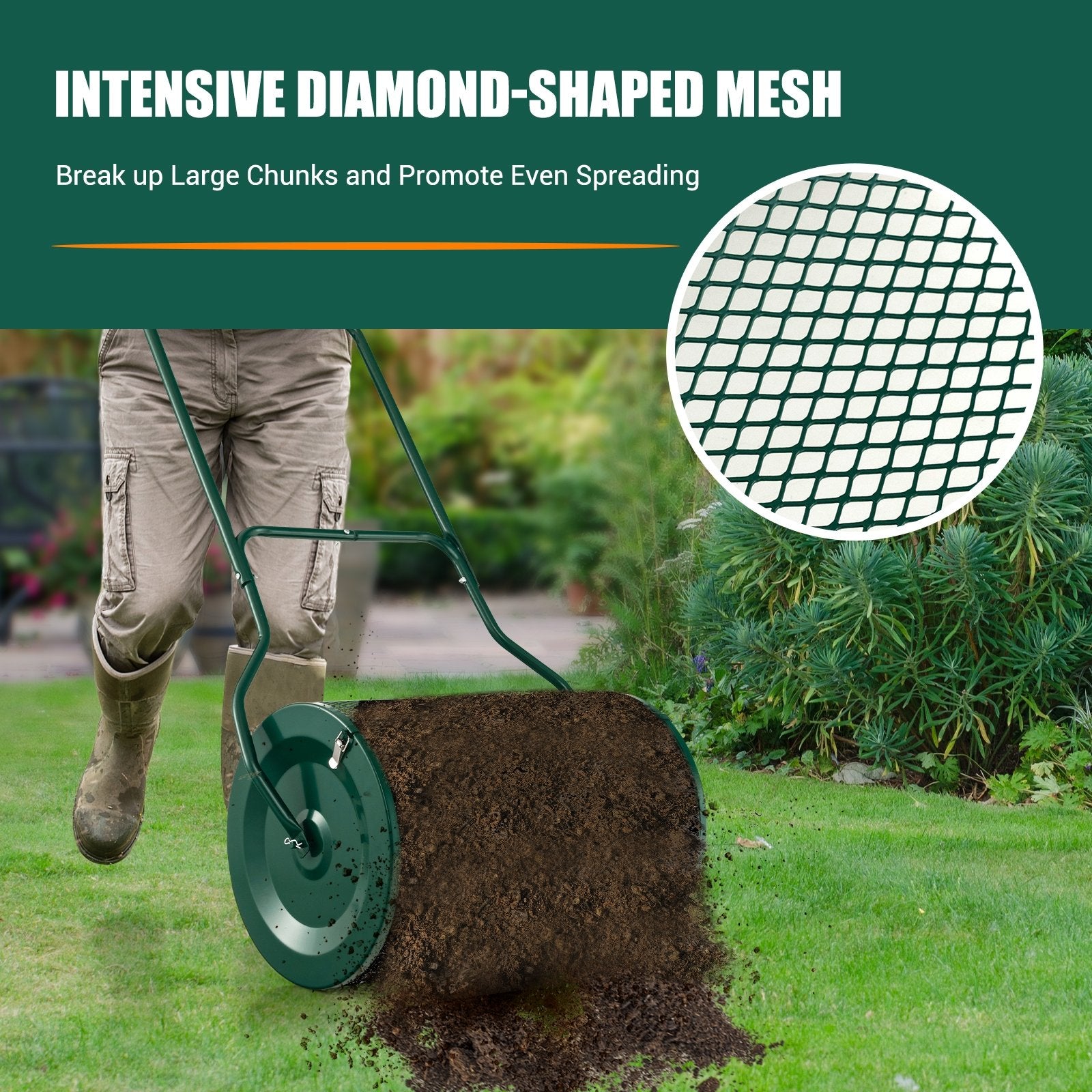 27 Inch Compost Spreader with Upgrade U-shaped Handle, Green Garden Tools   at Gallery Canada