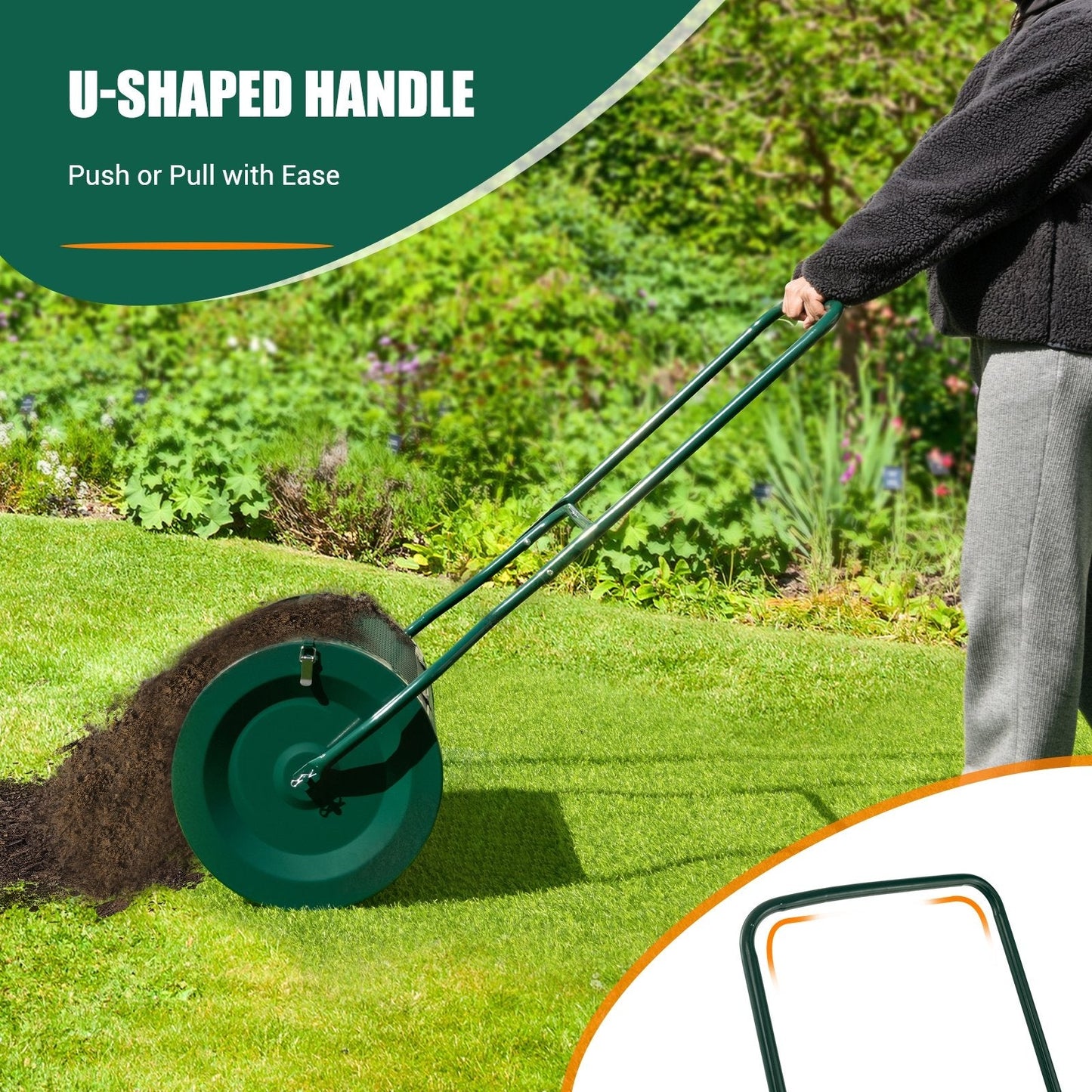 27 Inch Compost Spreader with Upgrade U-shaped Handle, Green Garden Tools   at Gallery Canada