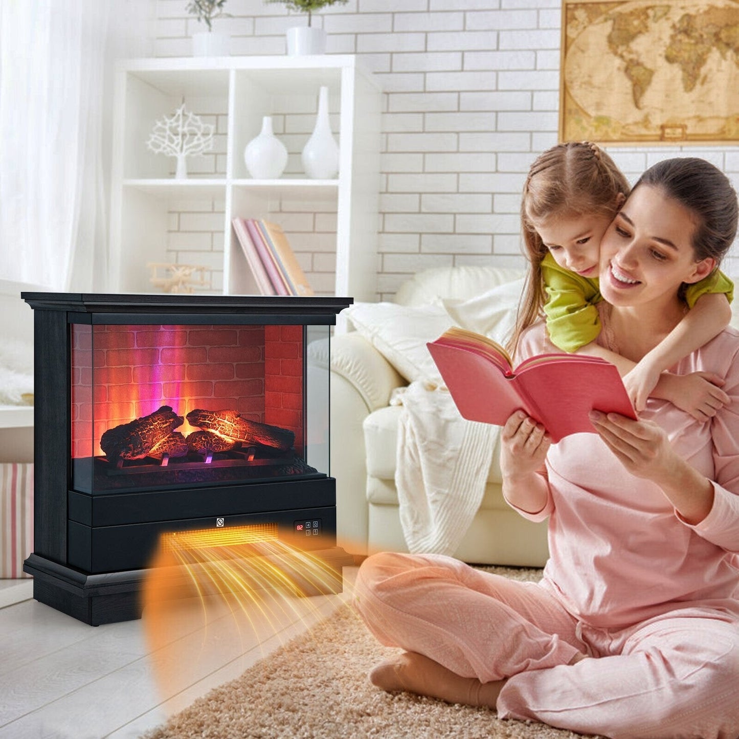 27 Inch Freestanding Electric Fireplace with 3-Level Vivid Flame Thermostat, Black Fireplaces   at Gallery Canada