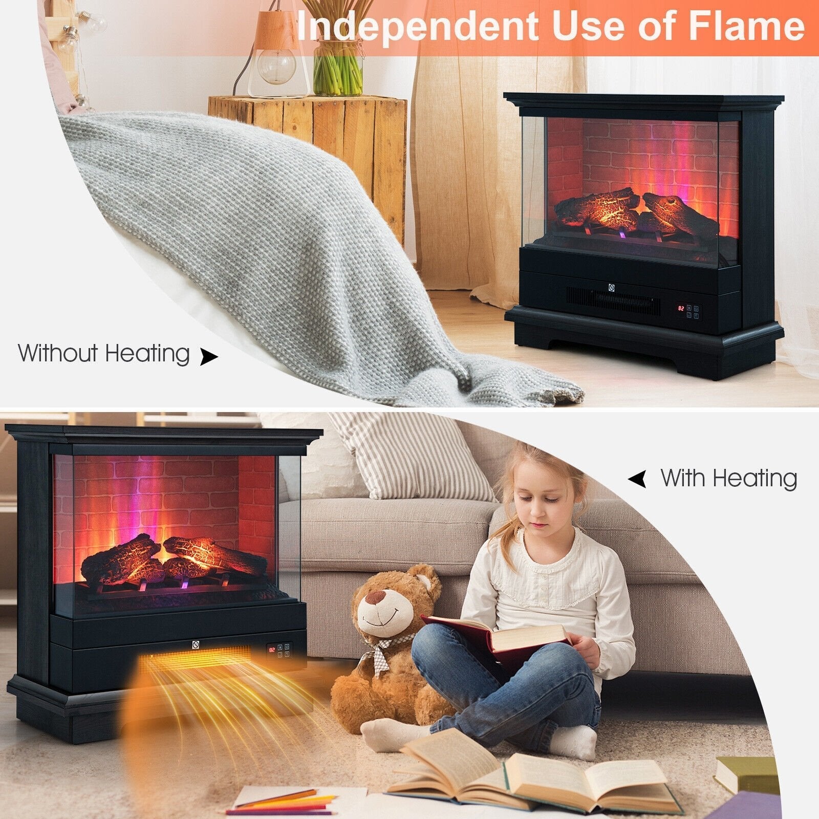 27 Inch Freestanding Electric Fireplace with 3-Level Vivid Flame Thermostat, Black Fireplaces   at Gallery Canada