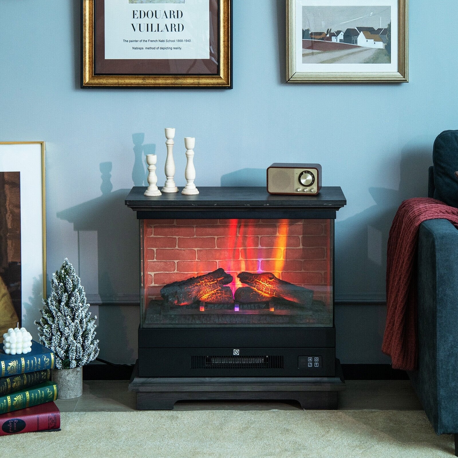 27 Inch Freestanding Electric Fireplace with 3-Level Vivid Flame Thermostat, Black Fireplaces   at Gallery Canada