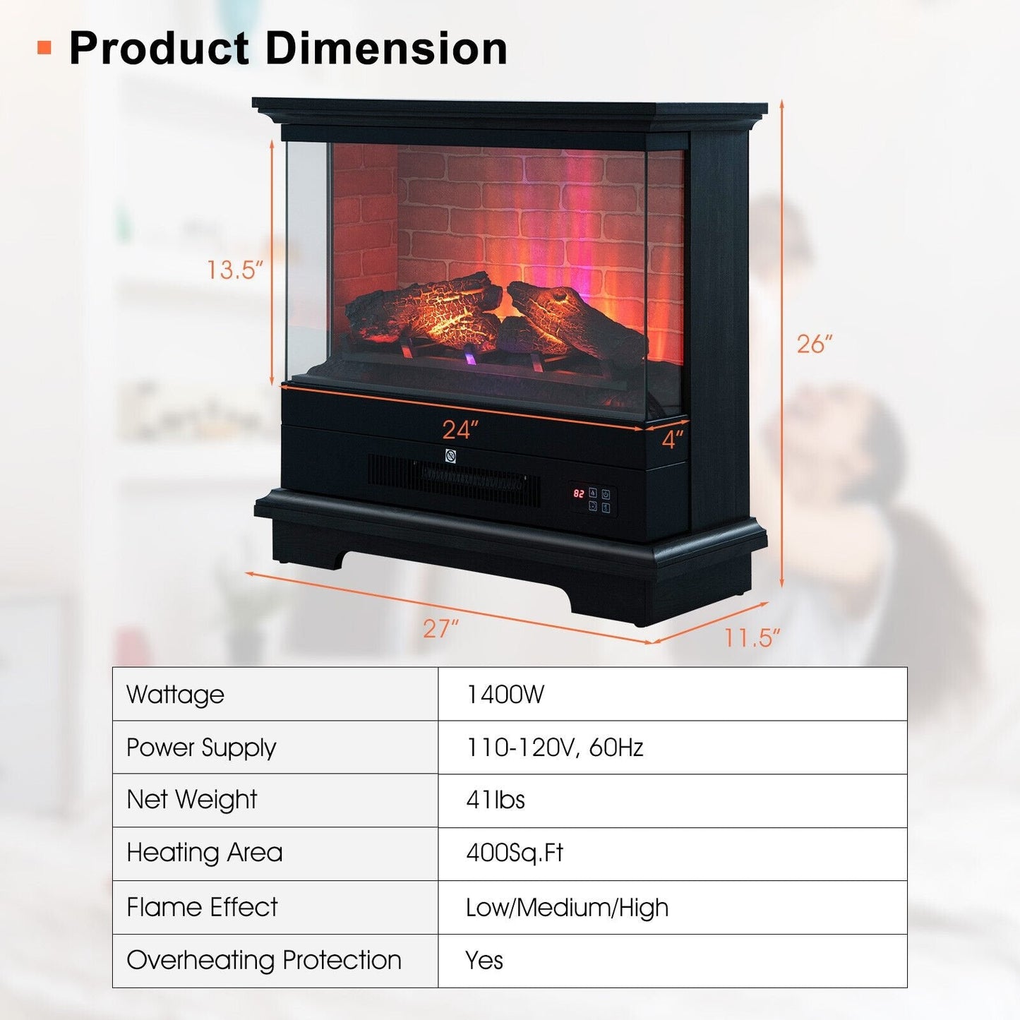 27 Inch Freestanding Electric Fireplace with 3-Level Vivid Flame Thermostat, Black Fireplaces   at Gallery Canada