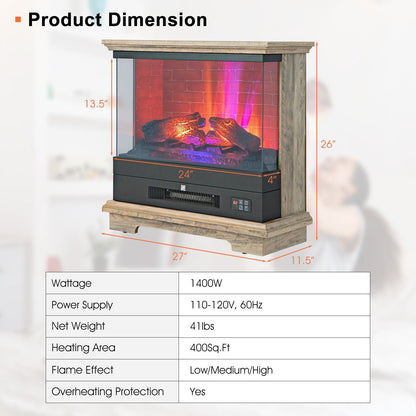 27 Inch Freestanding Electric Fireplace with 3-Level Vivid Flame Thermostat, Natural Fireplaces   at Gallery Canada