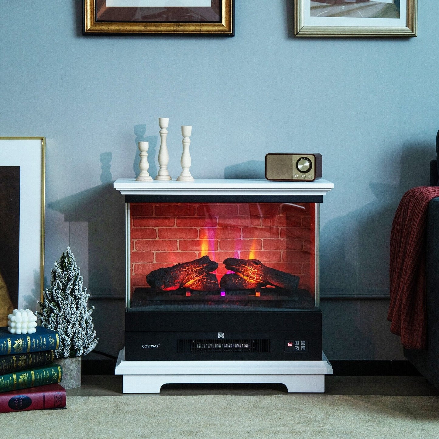 27 Inch Freestanding Electric Fireplace with 3-Level Vivid Flame Thermostat, White Fireplaces   at Gallery Canada