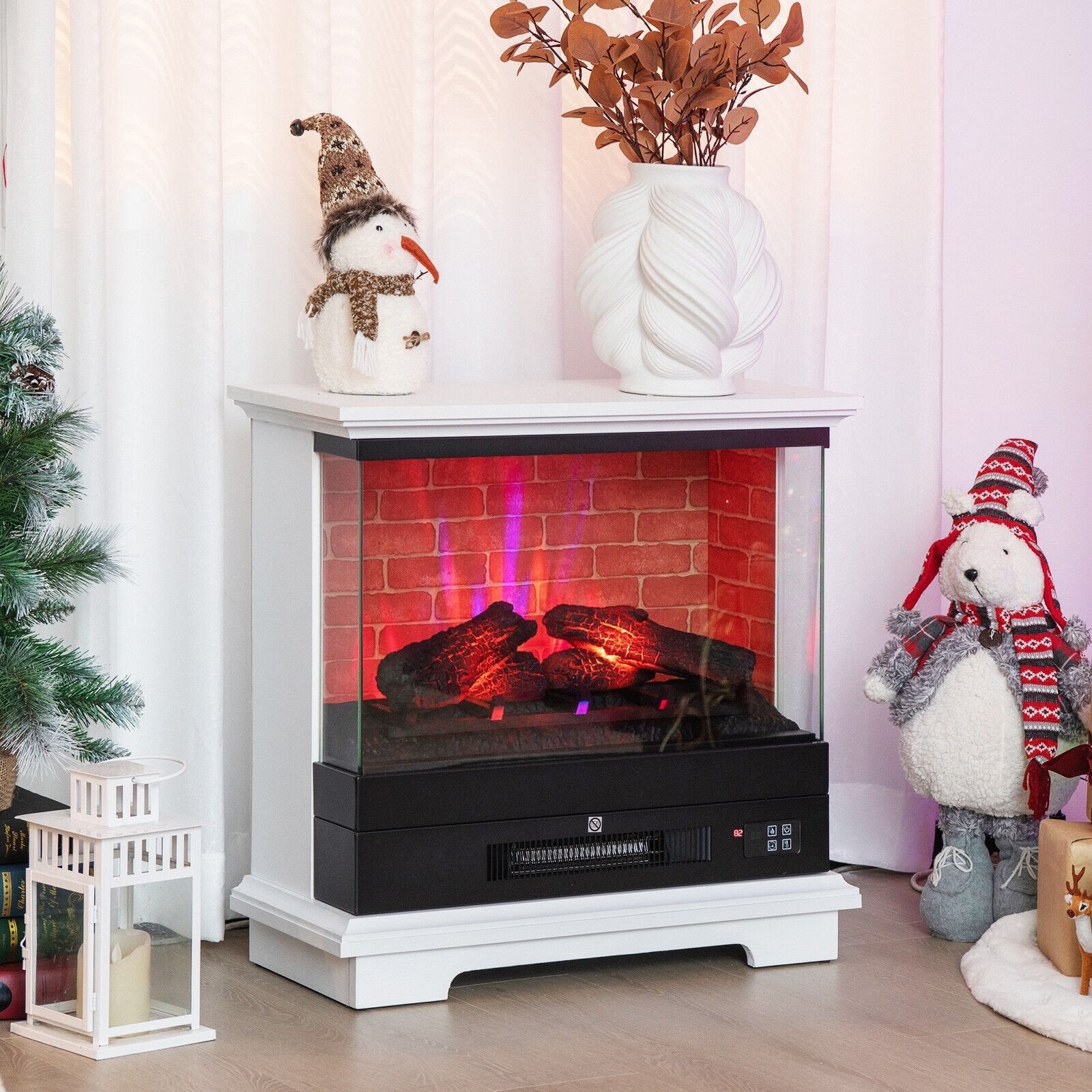 27 Inch Freestanding Electric Fireplace with 3-Level Vivid Flame Thermostat, White Fireplaces   at Gallery Canada